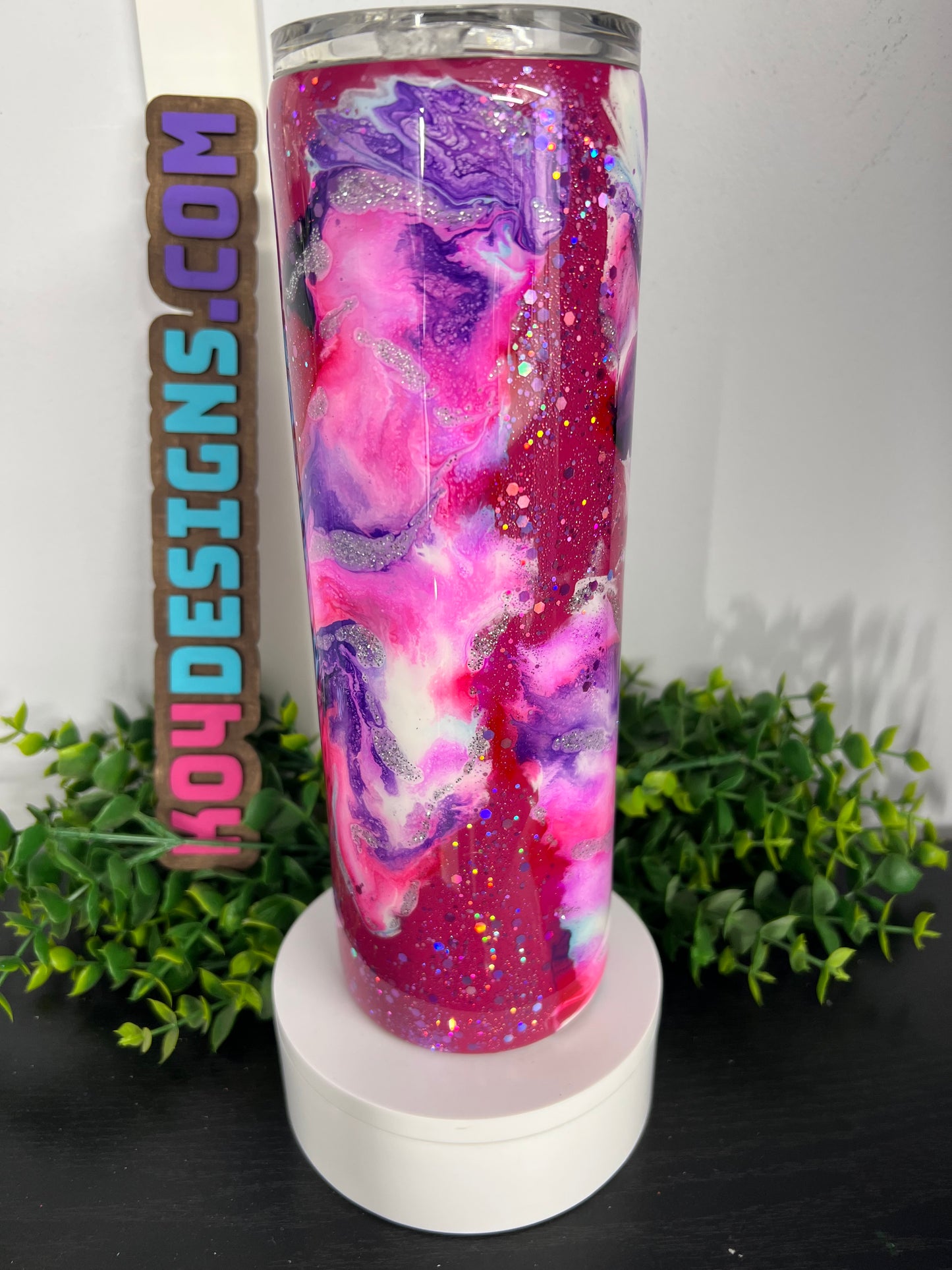 30oz Skinny - purple/pink/white marble cloud with glitter
