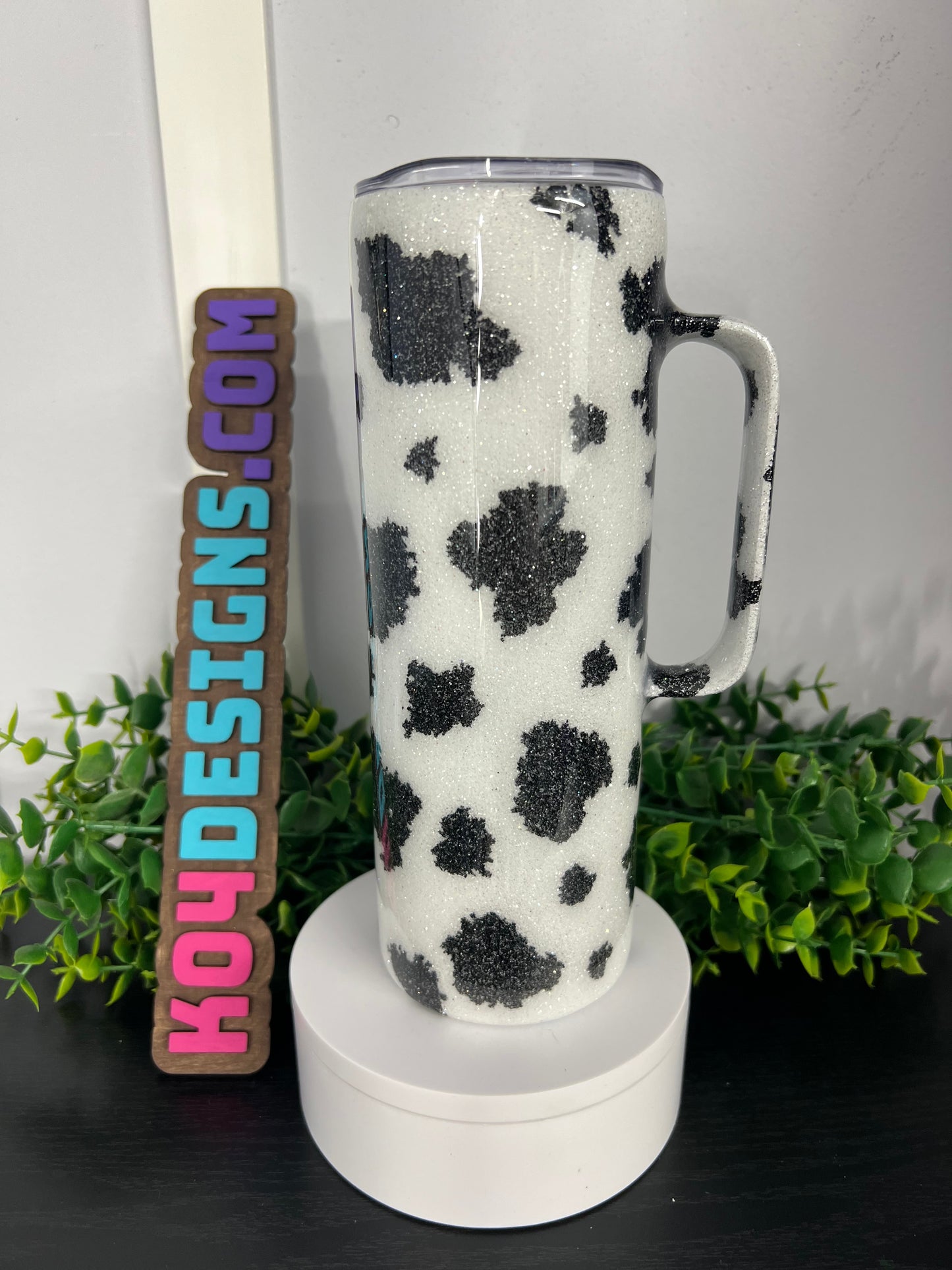 20oz Skinny w/ Handle Tumbler - Cow Cup - white glitter with black spots