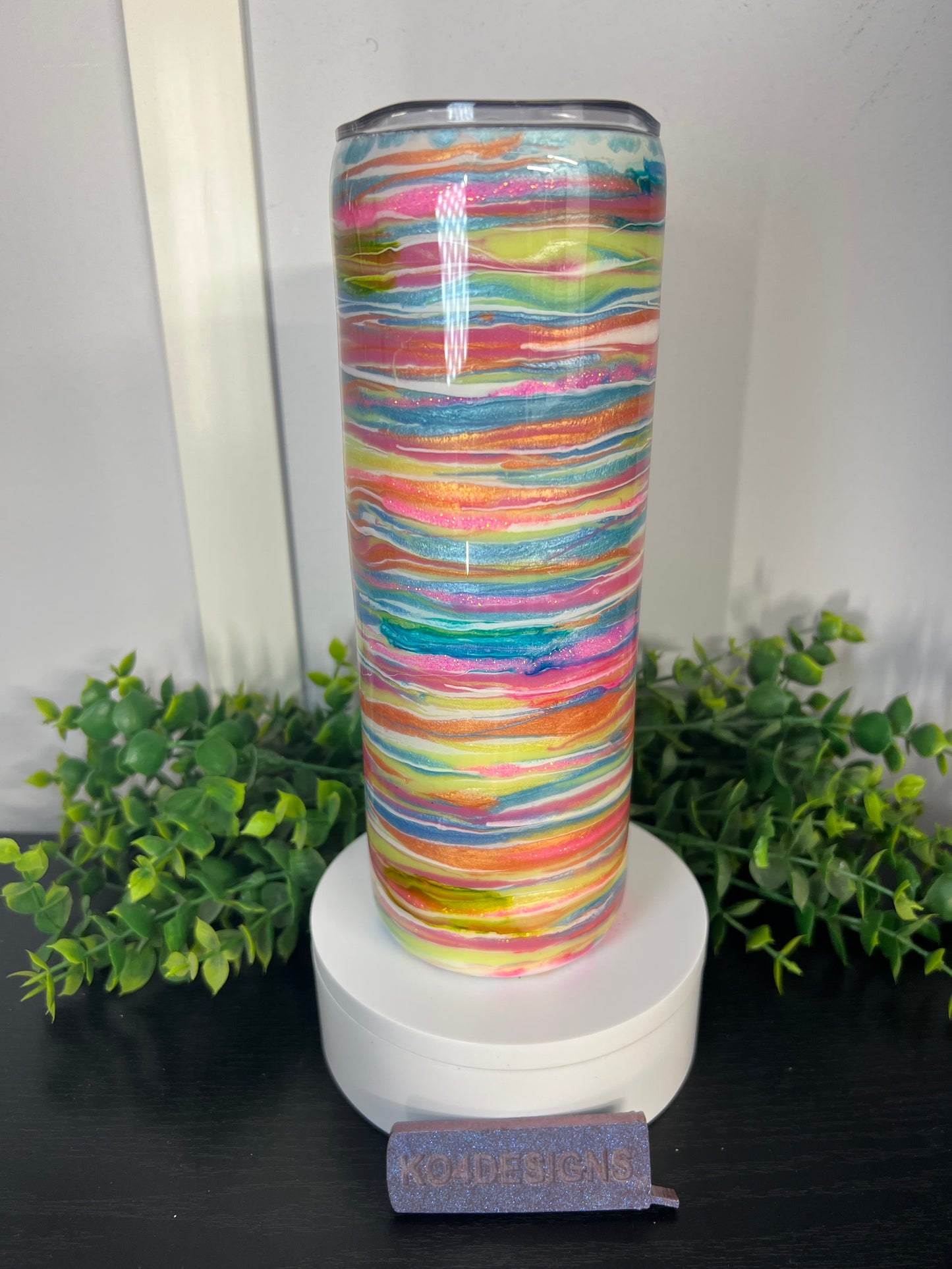 20oz skinny - blues/pinks/yellows/orange/light green “A Book A Day Keeps Reality Away”