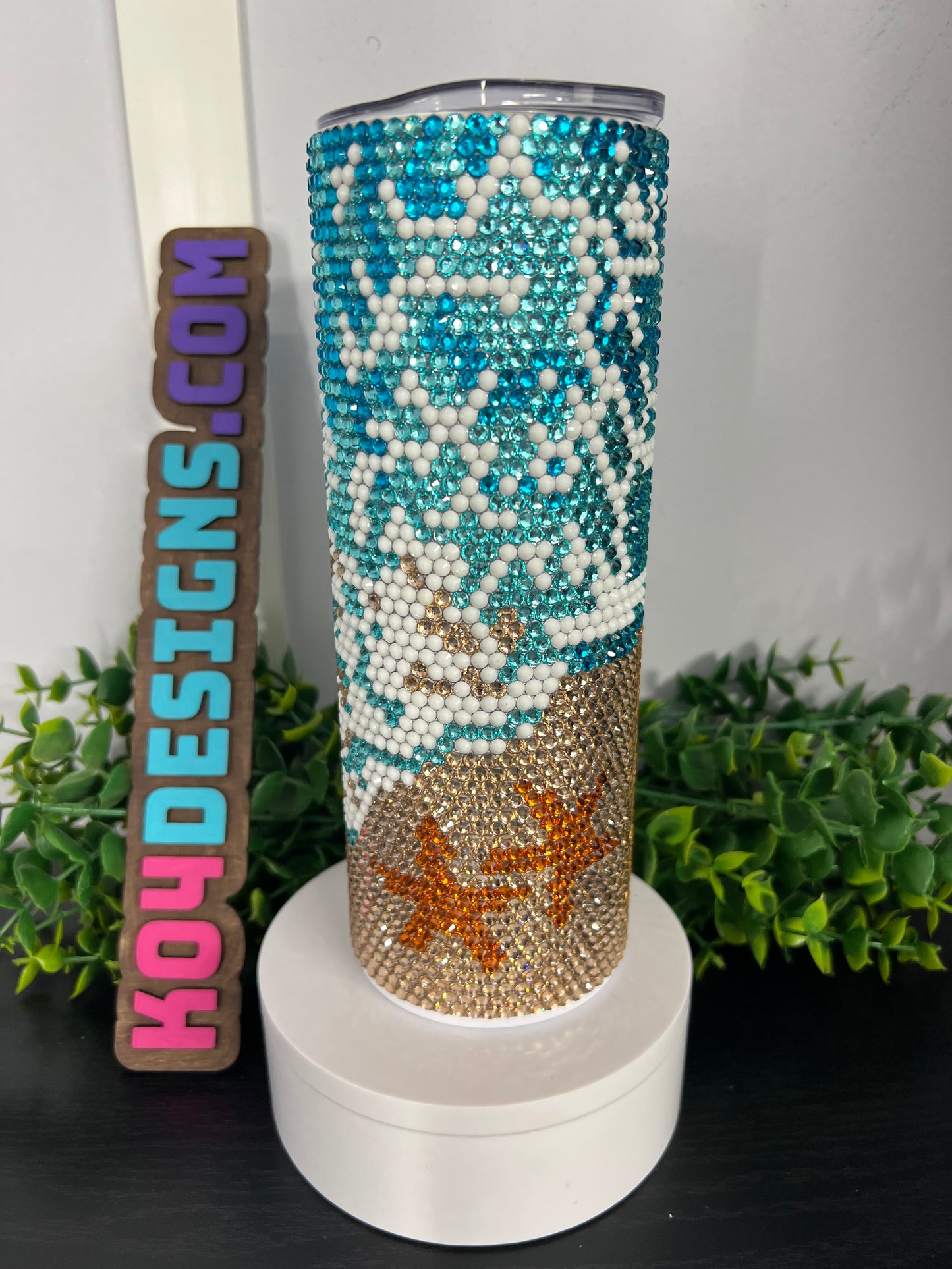 20oz Skinny Tumbler - Beach Rhinestoned Cup