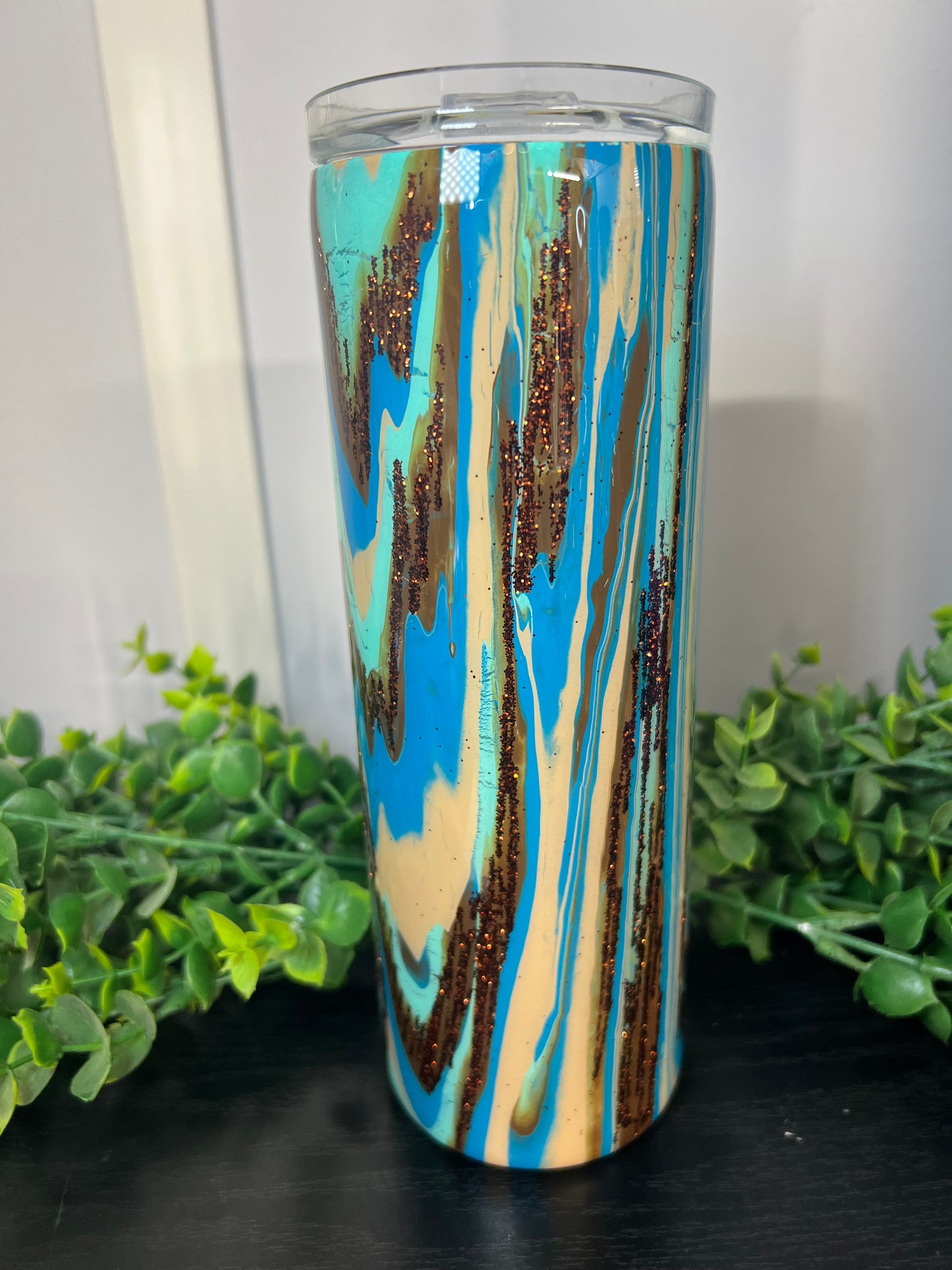 20 oz Skinny Tumbler with Sliding Lid and Straw- Clean Pour - blue/teal/brown/tan