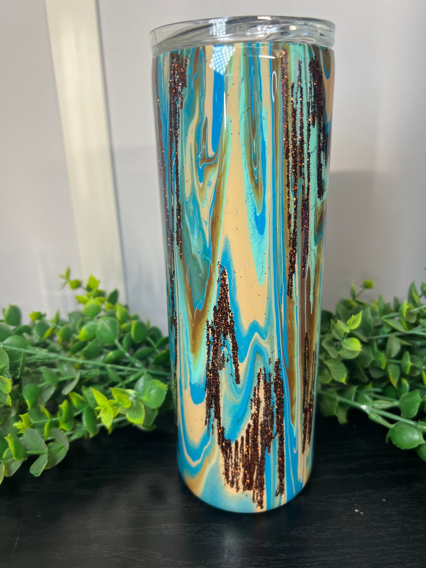 20 oz Skinny Tumbler with Sliding Lid and Straw- Clean Pour - blue/teal/brown/tan