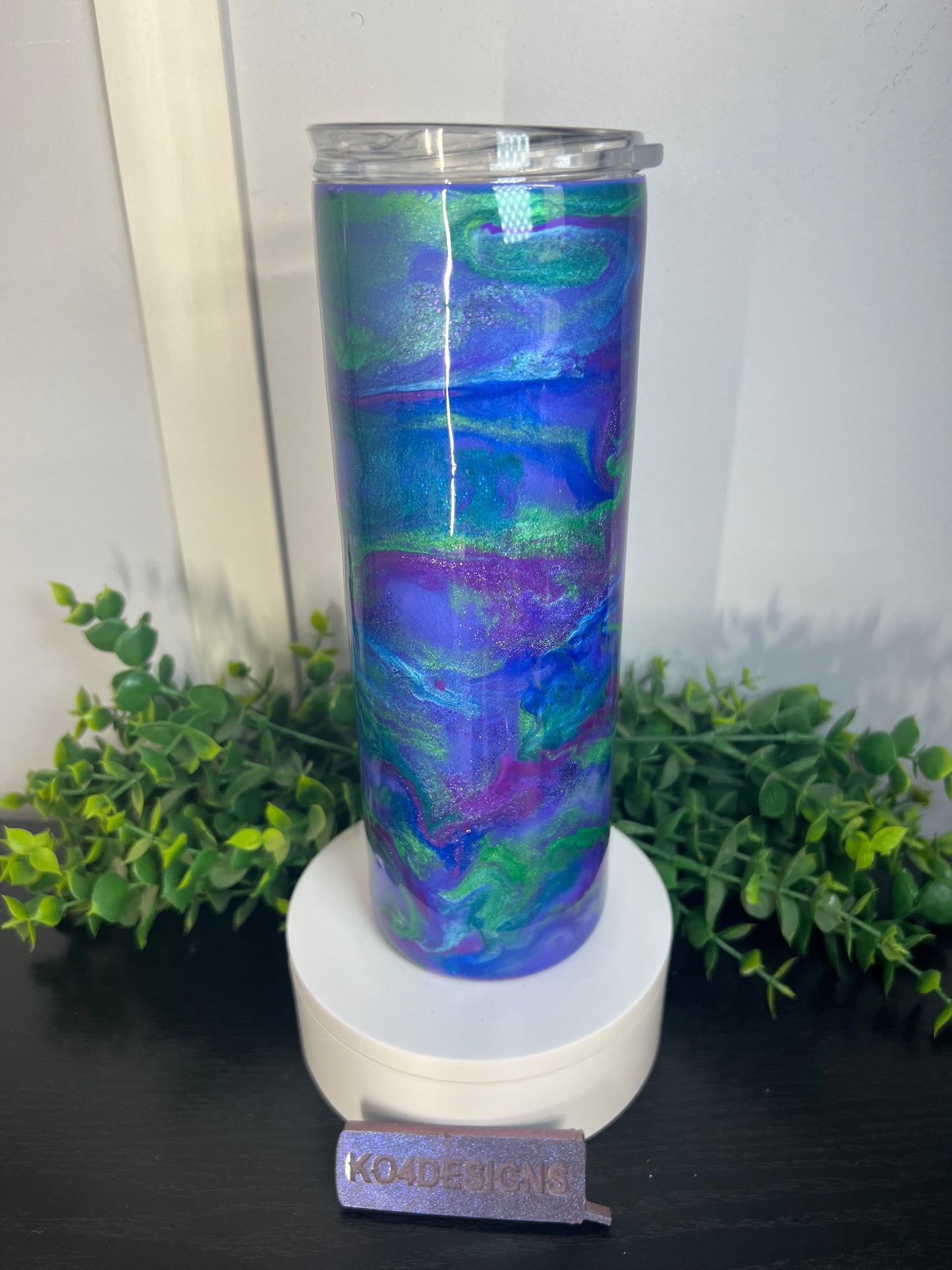 20 oz Skinny Tumbler with Sliding Lid and Straw-Ink swirl with burple base
