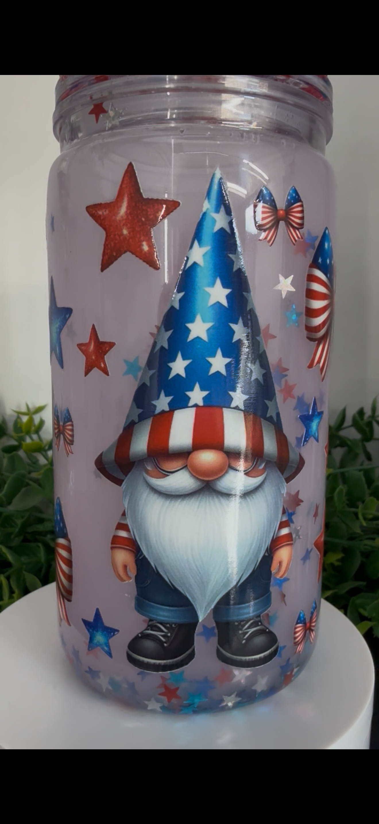 16oz Acrylic Snowglobe Cup - Red/White/Blue Gnome
