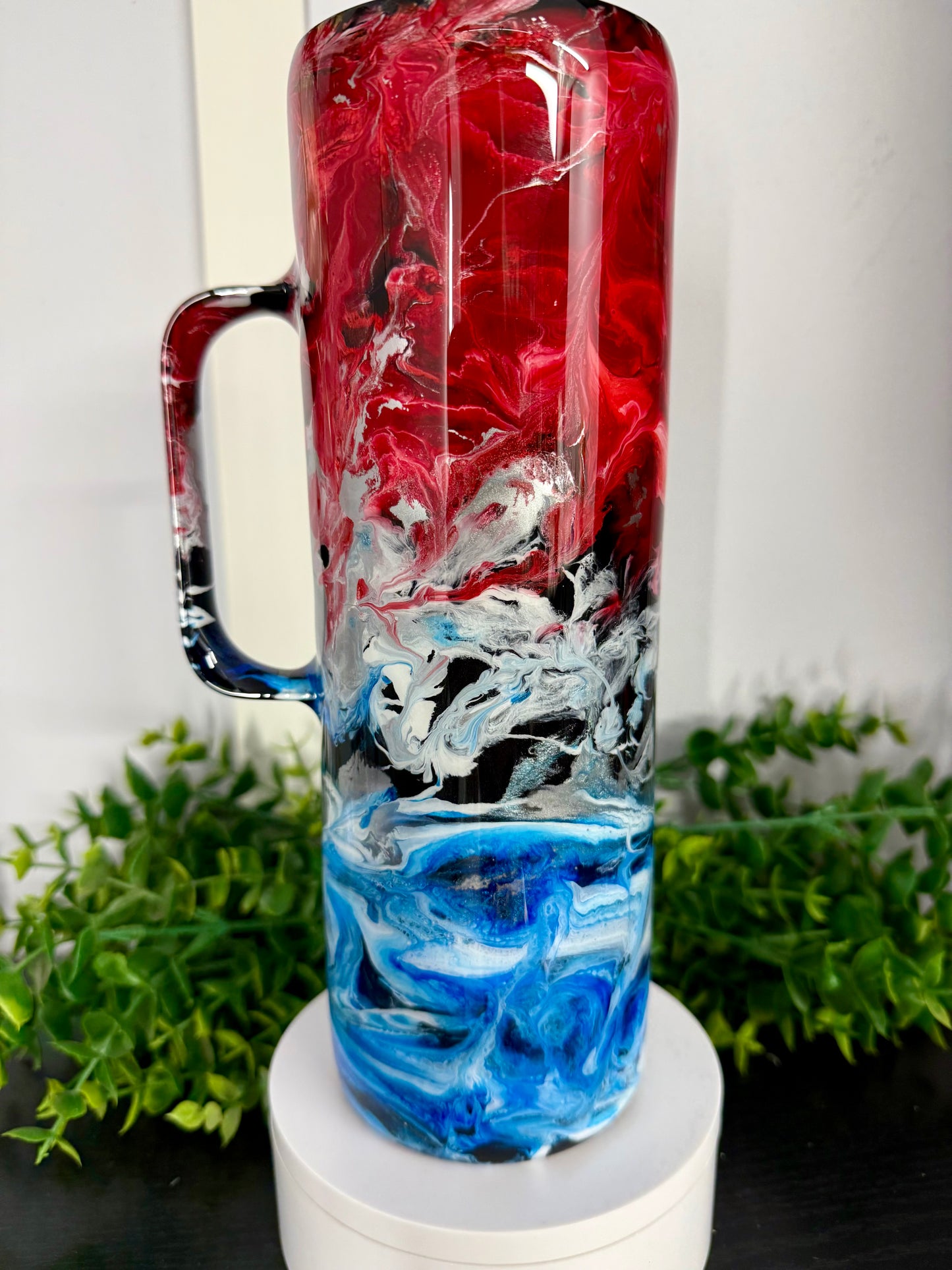30oz Skinny w/ Handle Tumbler - Red/White/Silver/Blue Ink Swirl