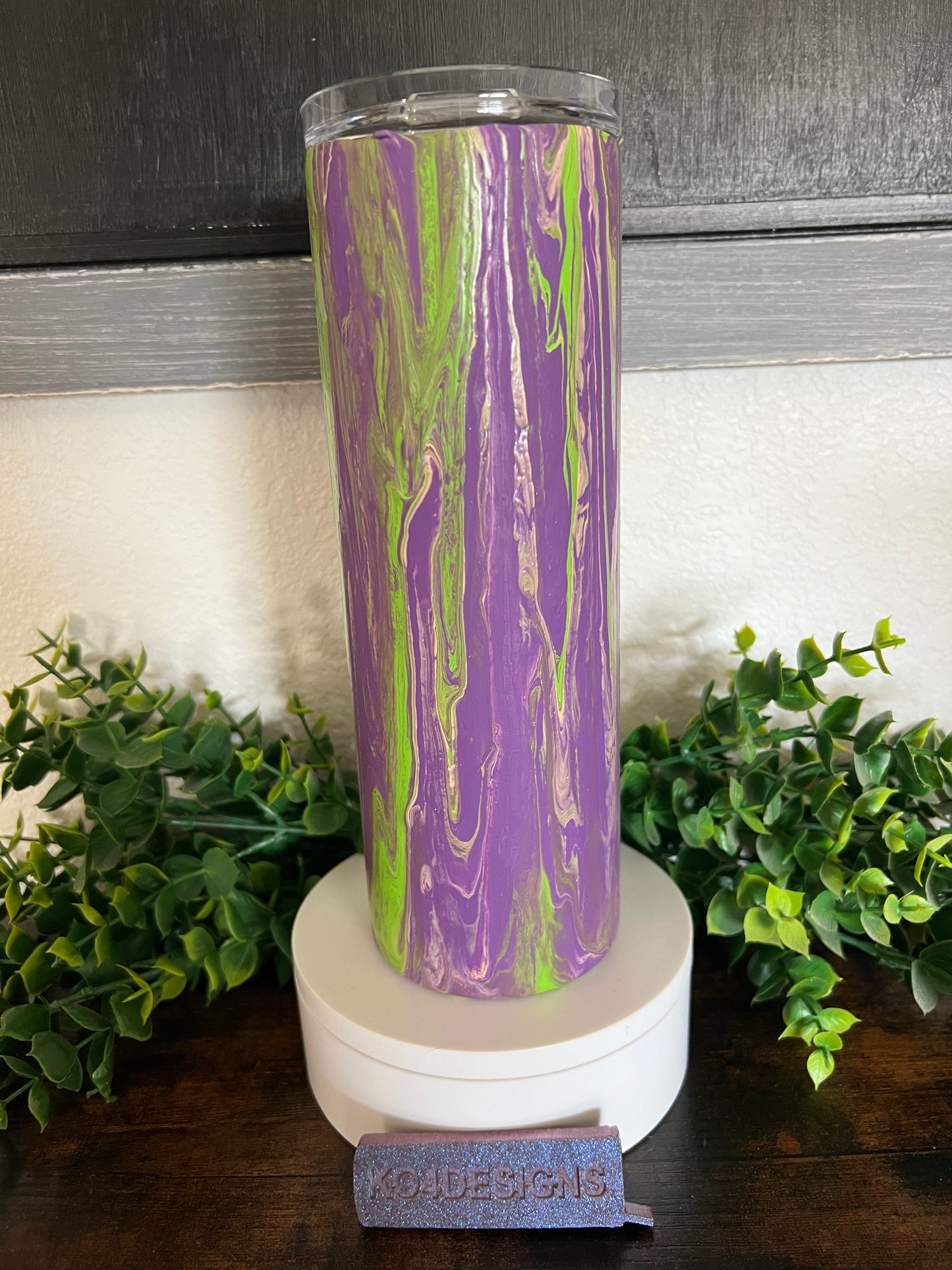 20 oz Skinny Tumbler with Sliding Lid and Straw- Dirty Pour - Purple/green/peach with secret sauce