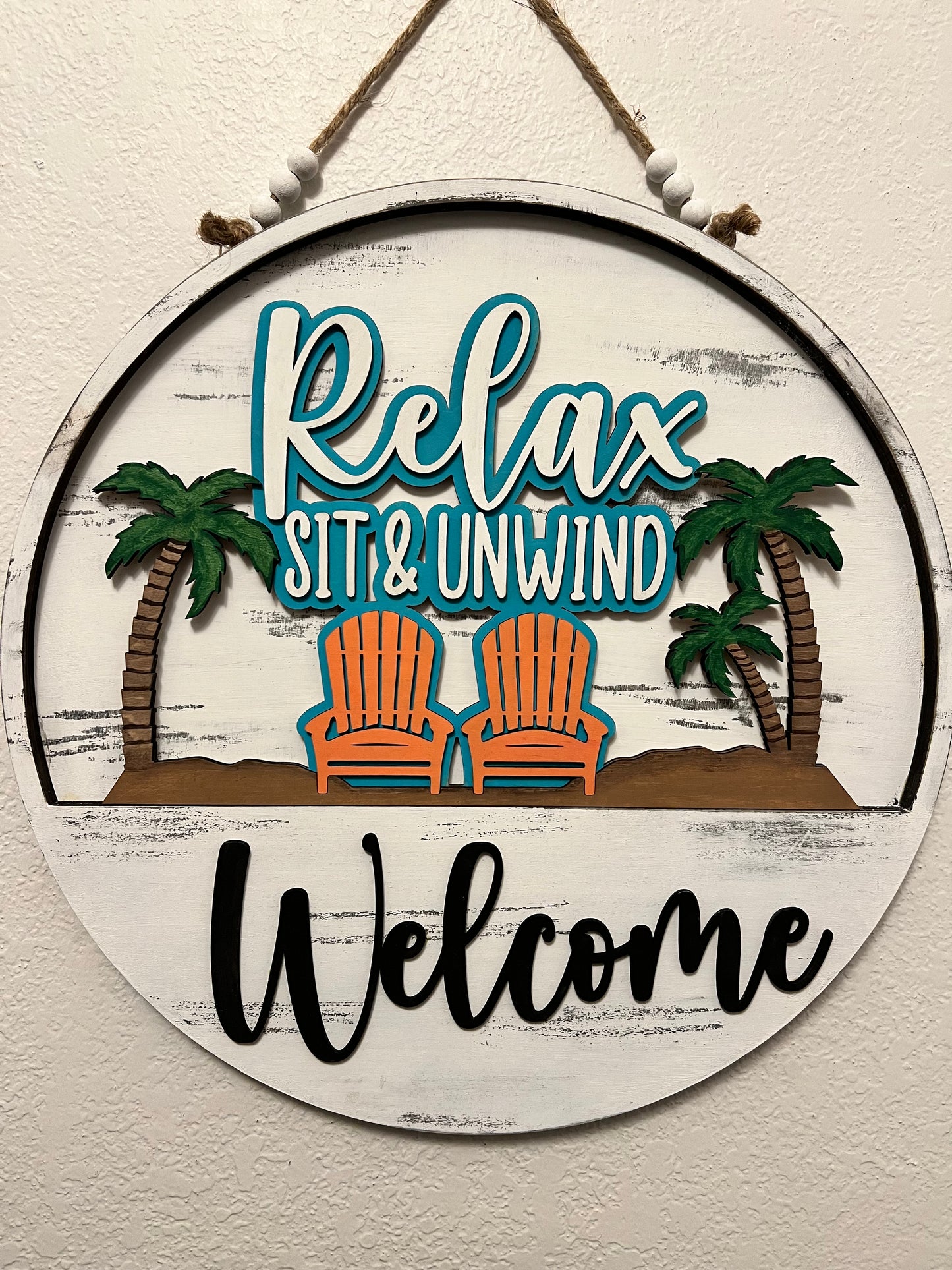 Interchangeable Welcome Door Hanger + Relax, Sit and Unwind Beach Palm Tree add-on insert