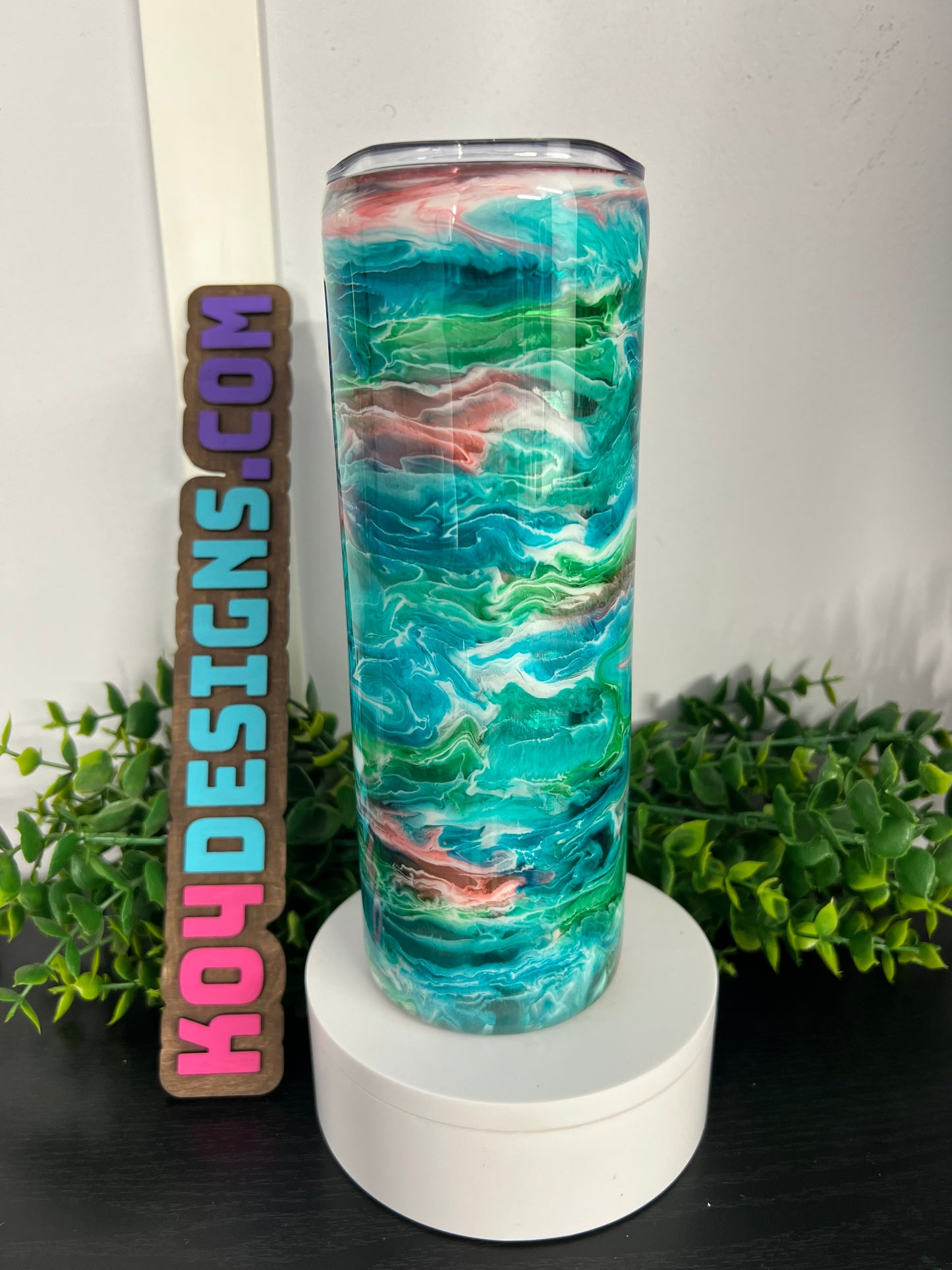 20oz Skinny Tumbler - greens/teals/coral ink swirl w/ Life is Tough but so Are You (WHITLEY CUP)