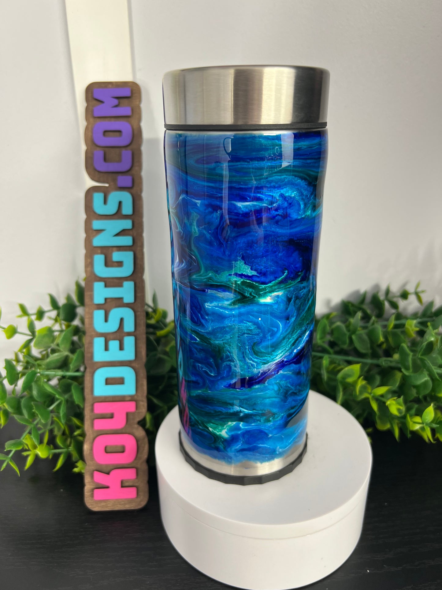 12oz Skinny Can Coozie - blues/teals ink swirl