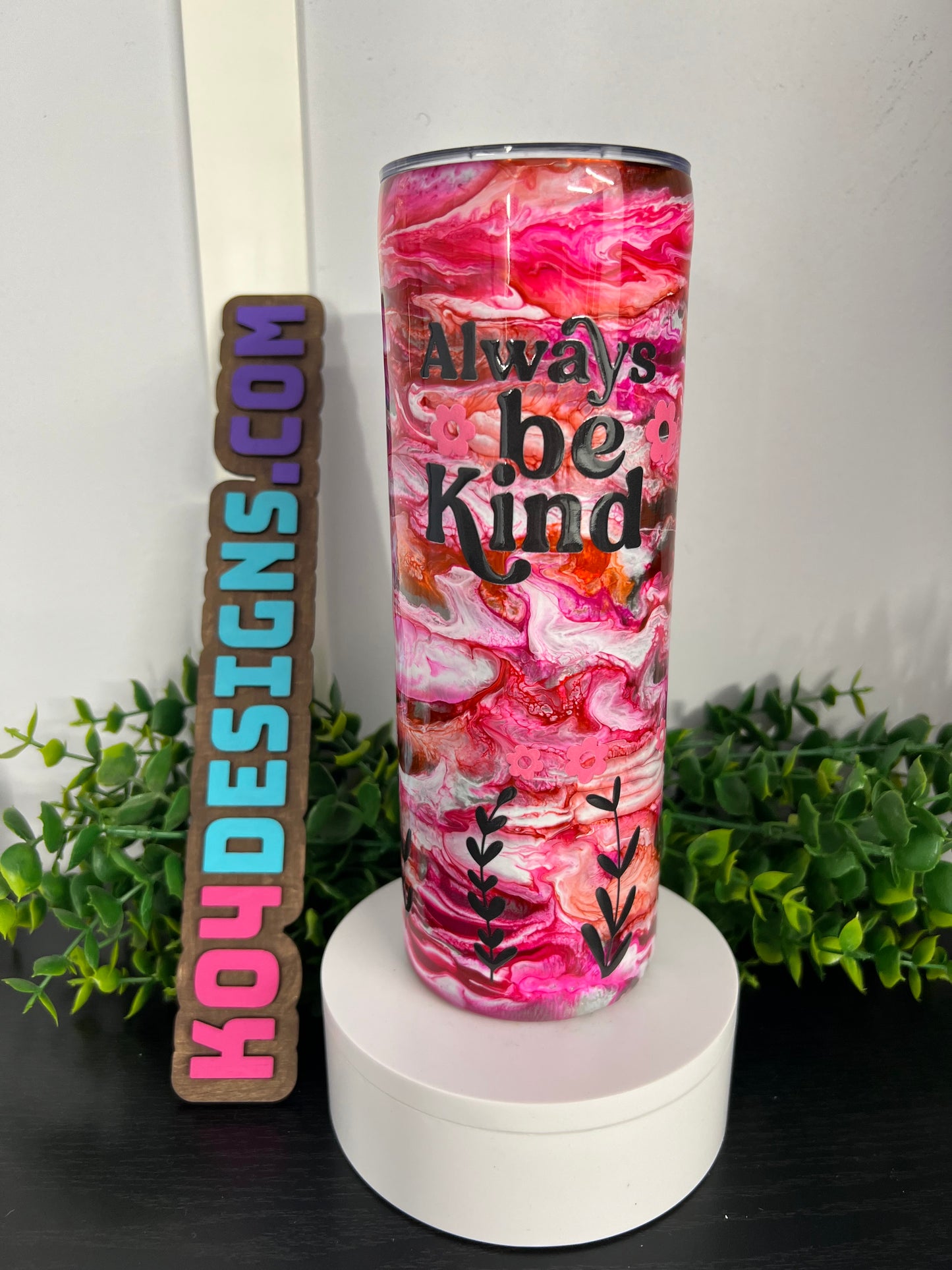 20oz Skinny Tumbler - pink ink swirl with “Always Be Kind” w/ flowers decal - WHITLEY CUP