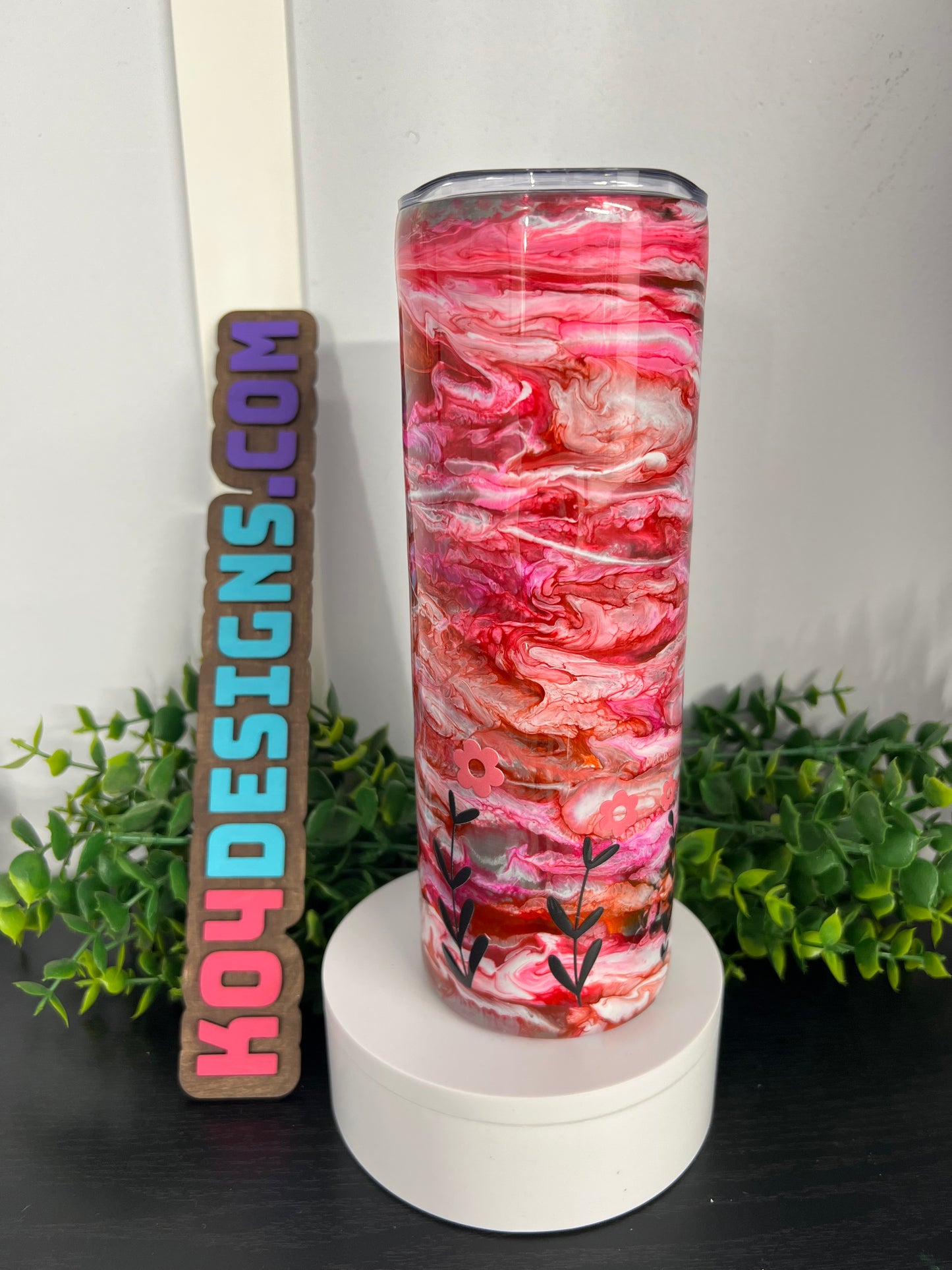 20oz Skinny Tumbler - pink ink swirl with “Always Be Kind” w/ flowers decal - WHITLEY CUP