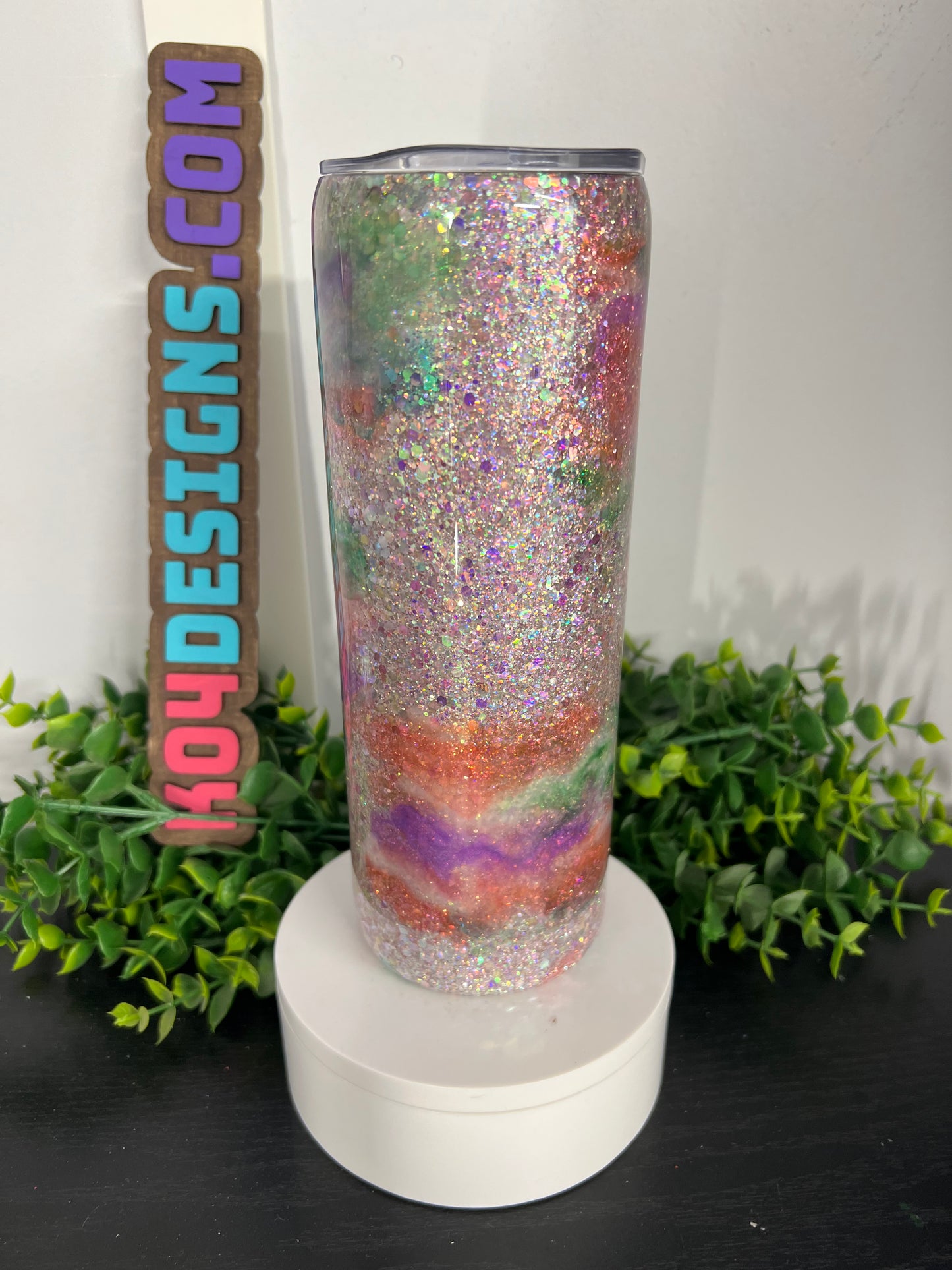 20oz skinny - coral/teal/green/purple ink swirl on pastel iridescent glitter base
