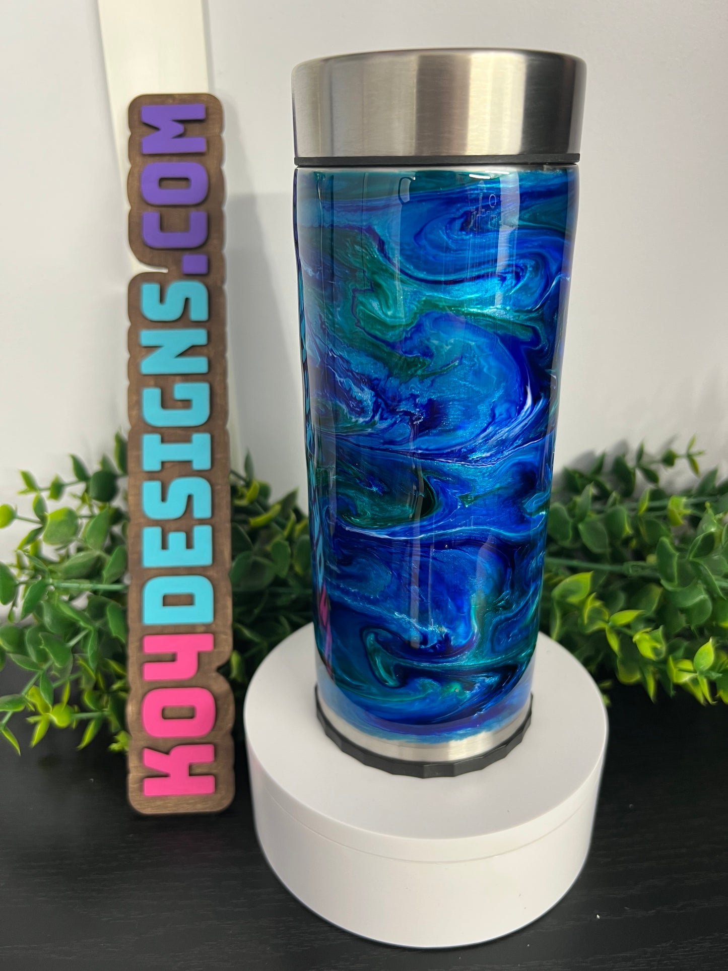 12oz Skinny Can Coozie - blues/teals ink swirl