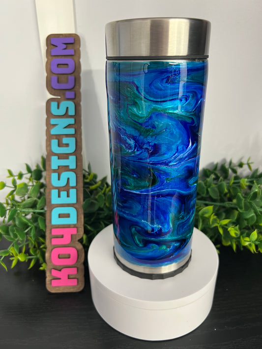 12oz Skinny Can Coozie - blues/teals ink swirl