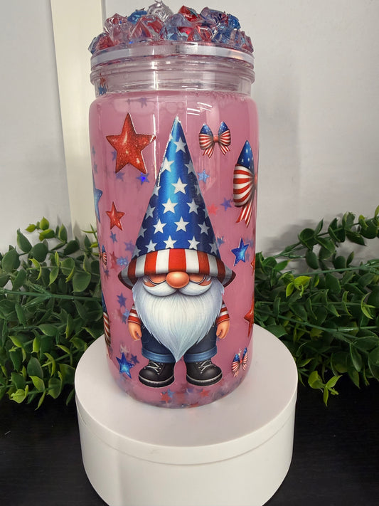 16oz Acrylic Snowglobe Cup - Red/White/Blue Gnome