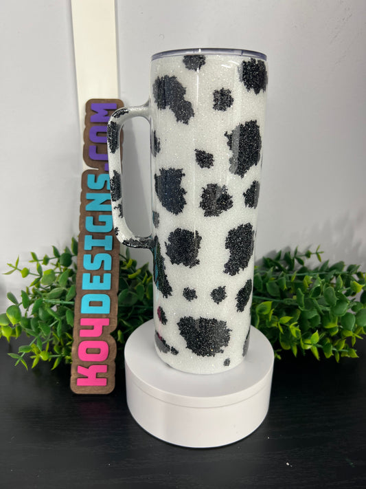 20oz Skinny w/ Handle Tumbler - Cow Cup - white glitter with black spots