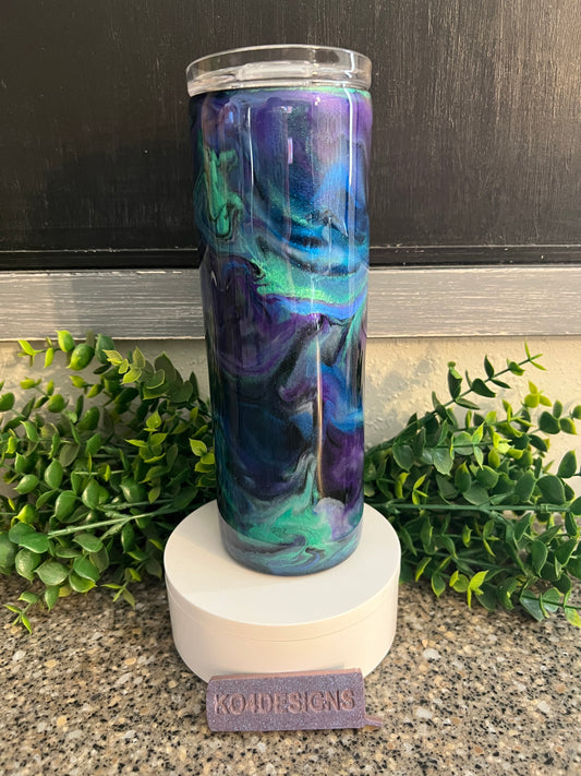 20 oz Skinny Tumbler with Sliding Lid and Straw- Ezturnz ink swirl - blue/teal/purple