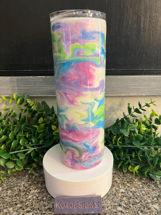 20 oz Skinny Tumbler with Sliding Lid and Straw - Purple MOP base with Ezturnz purples/blue/green ink swirl