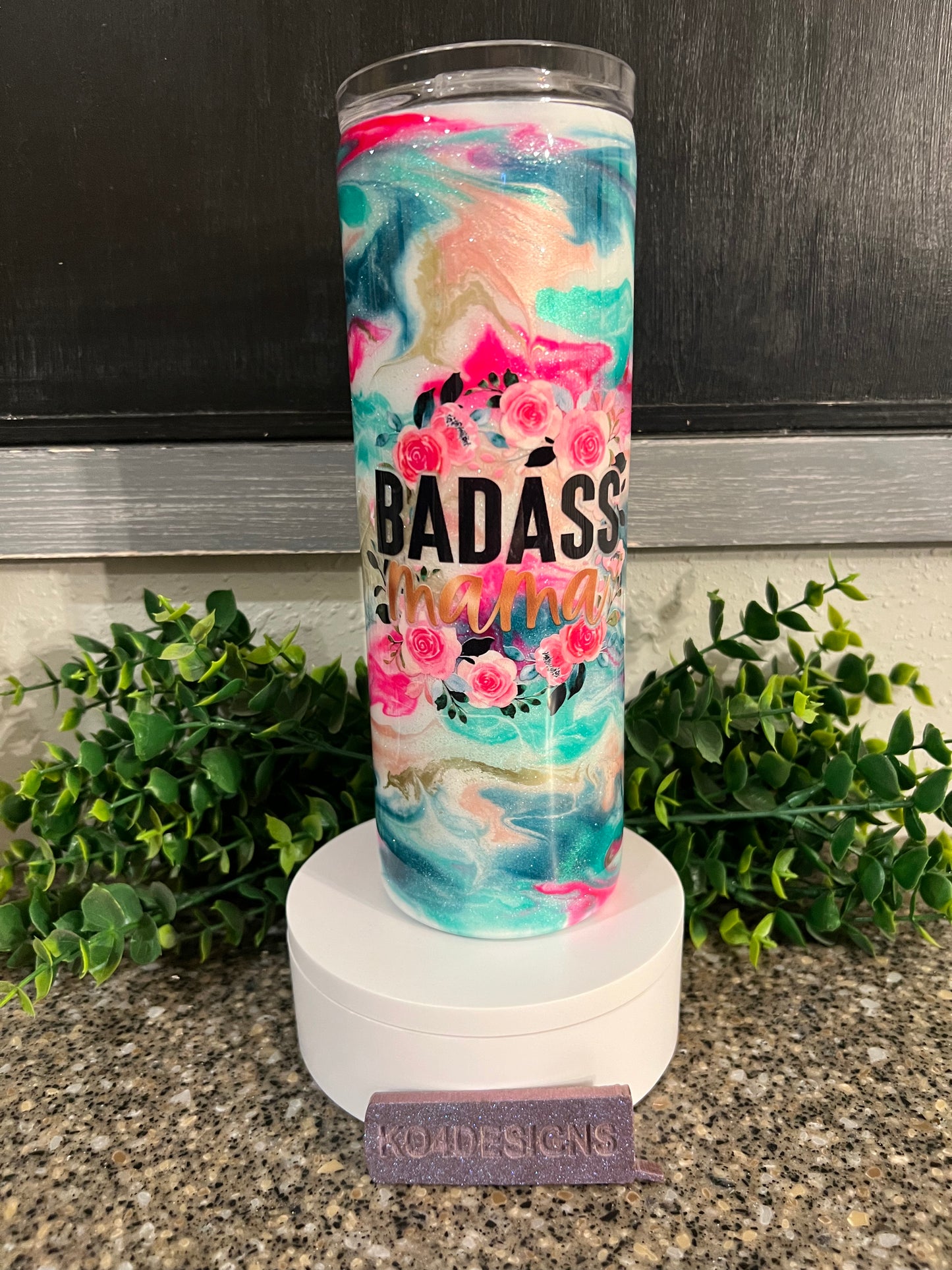 20 oz Skinny Tumbler with Sliding Lid and Straw - ink swirl - “badass mama” decal