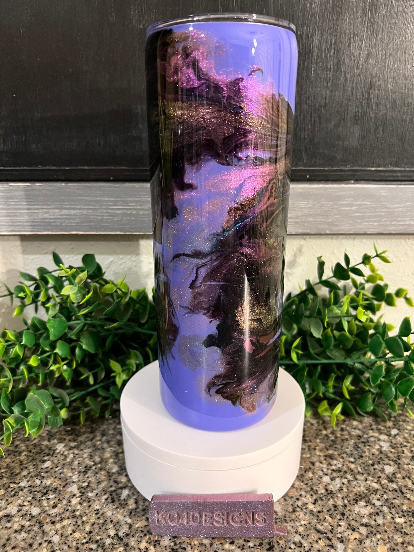 20 oz Skinny Tumbler with Sliding Lid and Straw - purple base marble cloud with black & chrome/colorshifts