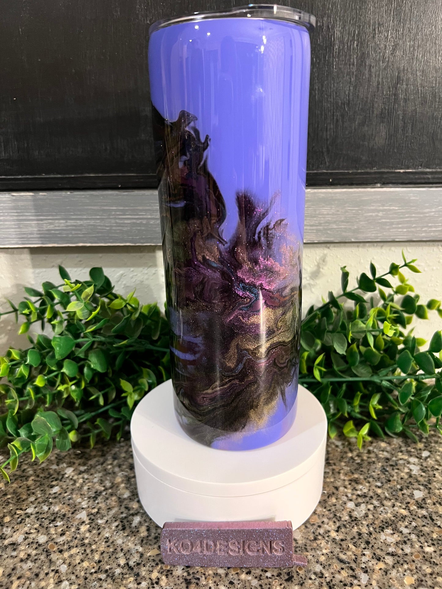 20 oz Skinny Tumbler with Sliding Lid and Straw - purple base marble cloud with black & chrome/colorshifts