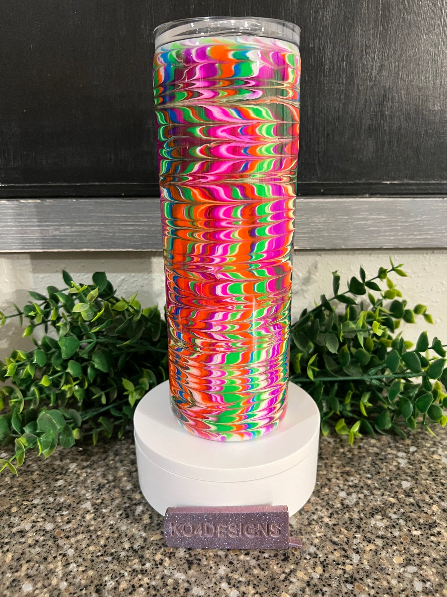 20 oz Skinny Tumbler with Sliding Lid and Straw - Neon Angel Wings Technique