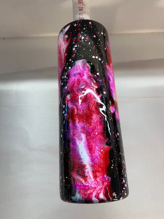 20 oz Skinny Tumbler with Sliding Lid and Straw- suspended marble cloud with reds and pinks & glitter