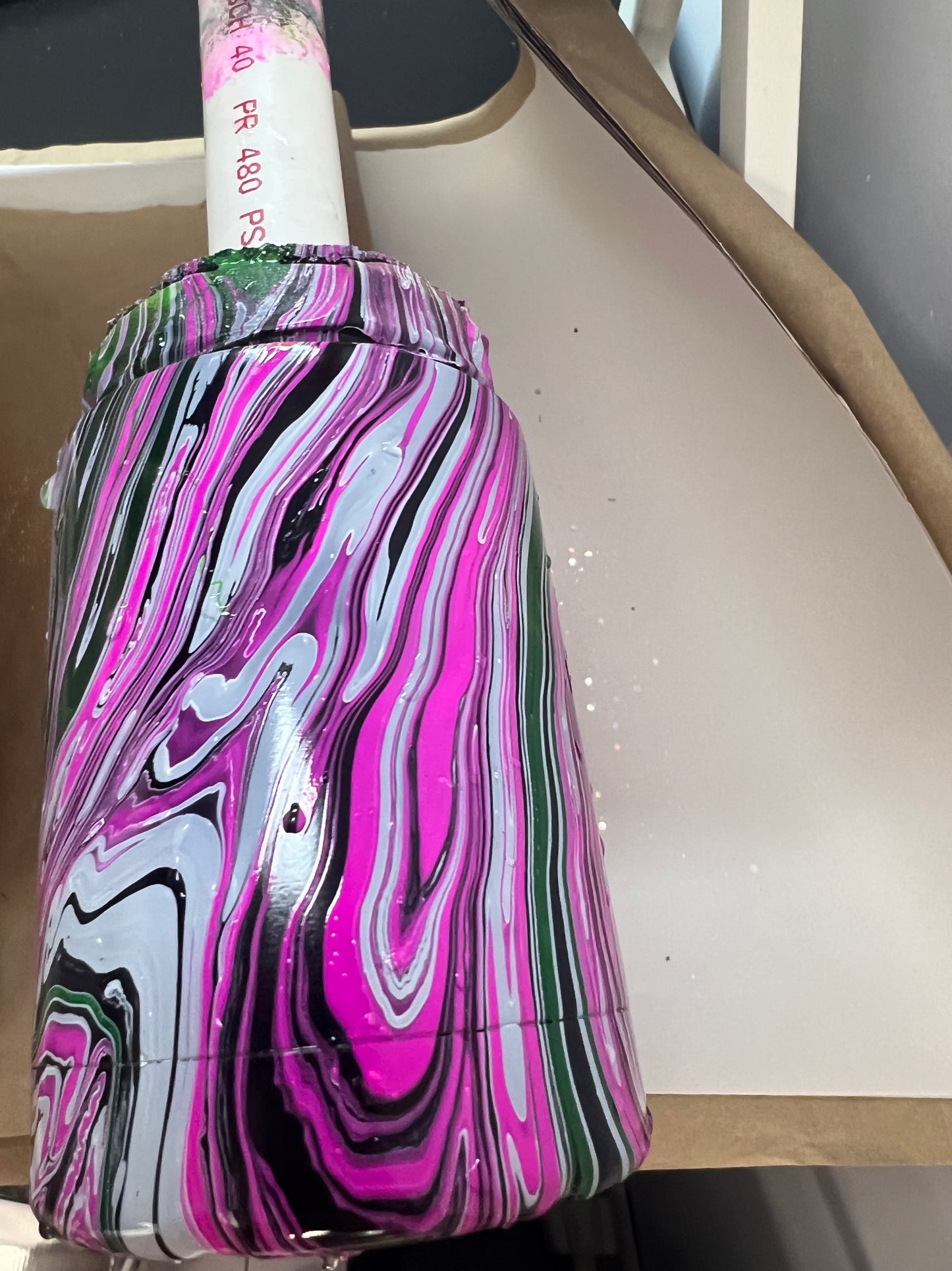 Hydrodip 5/10 - 12oz can coozie black base with pink/green/white ink