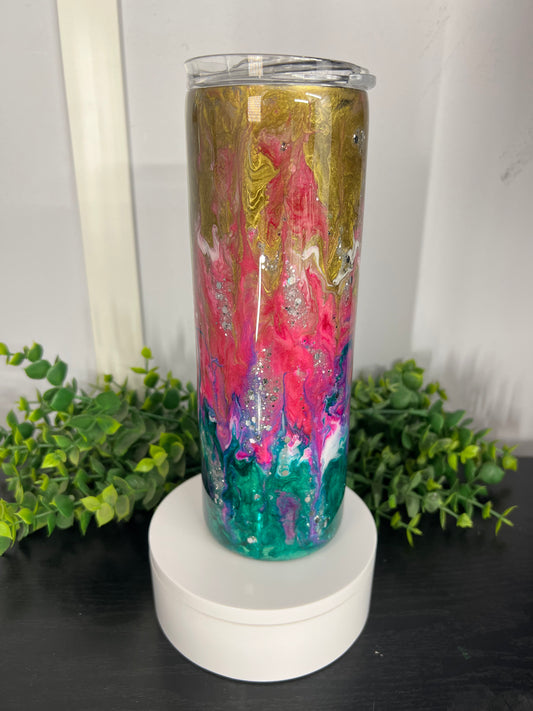 20 oz Skinny Tumbler with Sliding Lid and Straw - color melt gold/pink & teals with a little purple