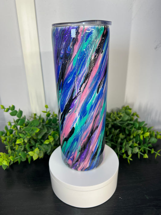 20 oz Skinny Tumbler with Sliding Lid and Straw- “Patchy” Technique - Blue/Teal/Purple/Pink/Black