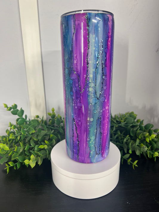 20oz skinny - Rustic Raindrop w/ glitter - pinks/purples/blues