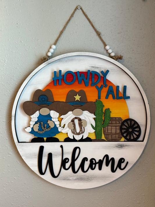 Interchangeable Welcome Door Hanger + ‘Howdy Yall’  Western Gnome Add-on insert
