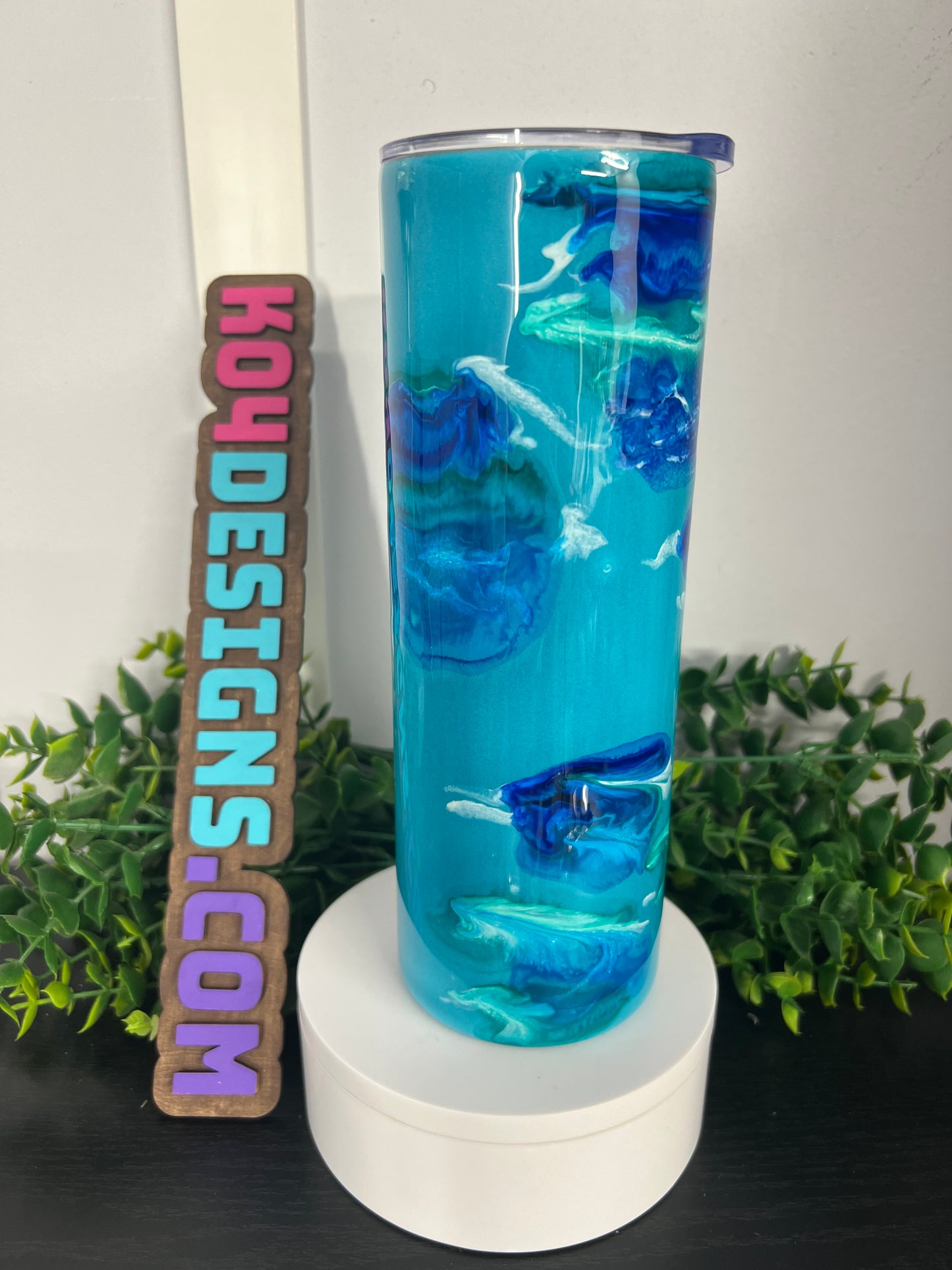 20oz Skinny Tumbler - blue/teal mica base with blue/teal ink swirls