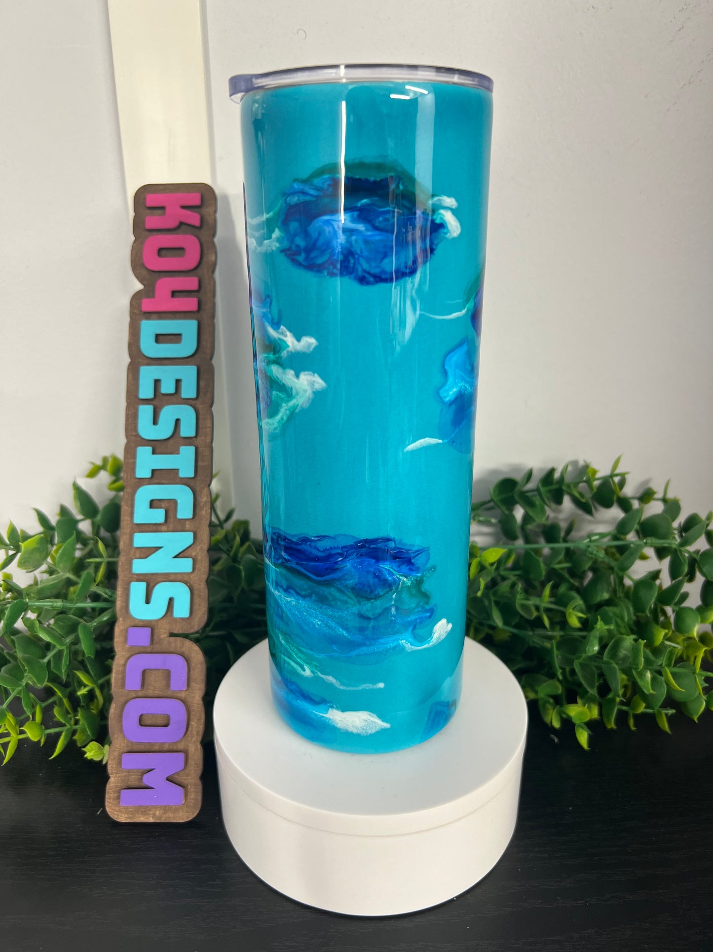 20oz Skinny Tumbler - blue/teal mica base with blue/teal ink swirls