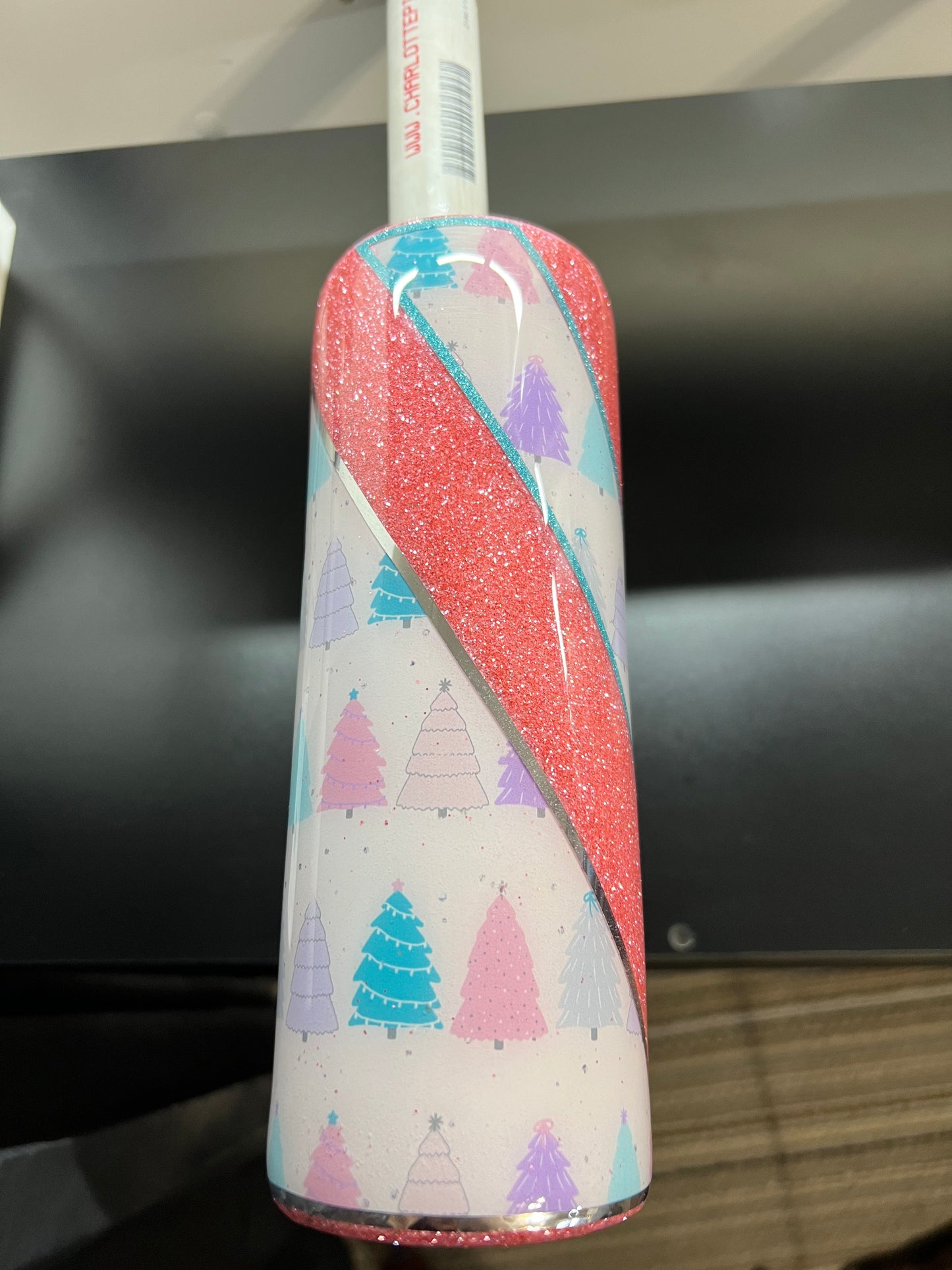 20 oz Skinny Tumbler with Sliding Lid and Straw - Pastel Christmas Tree Vinyl, Pink Glitter - Whitley cup