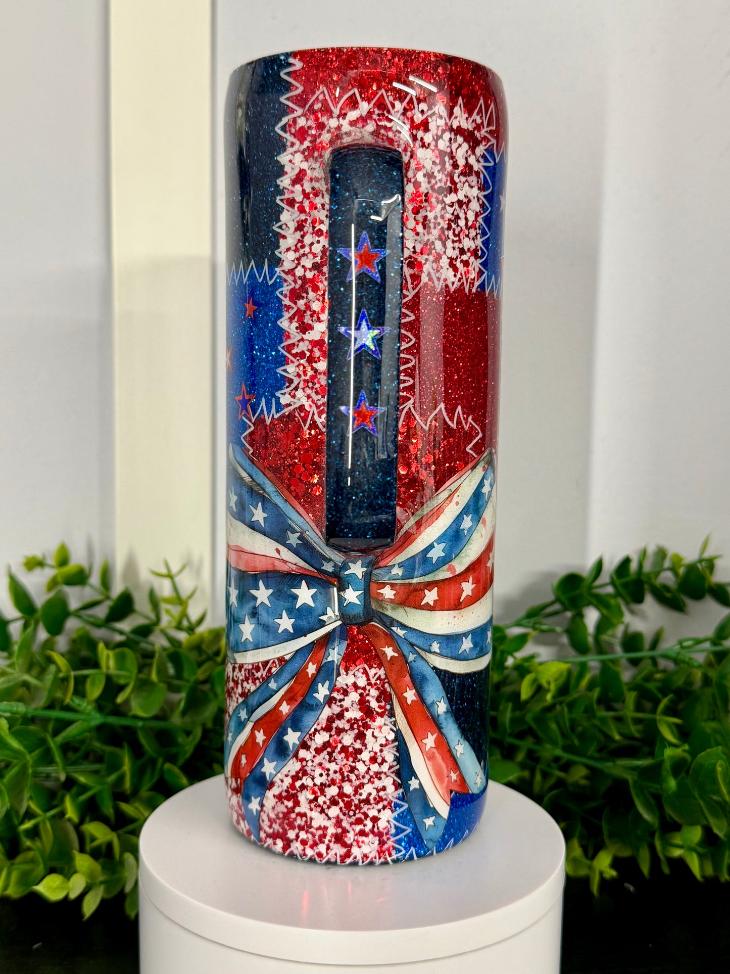 20oz Skinny w/ Handle Tumbler - Red/White/Blue Patchwork w/ bow & stars decal