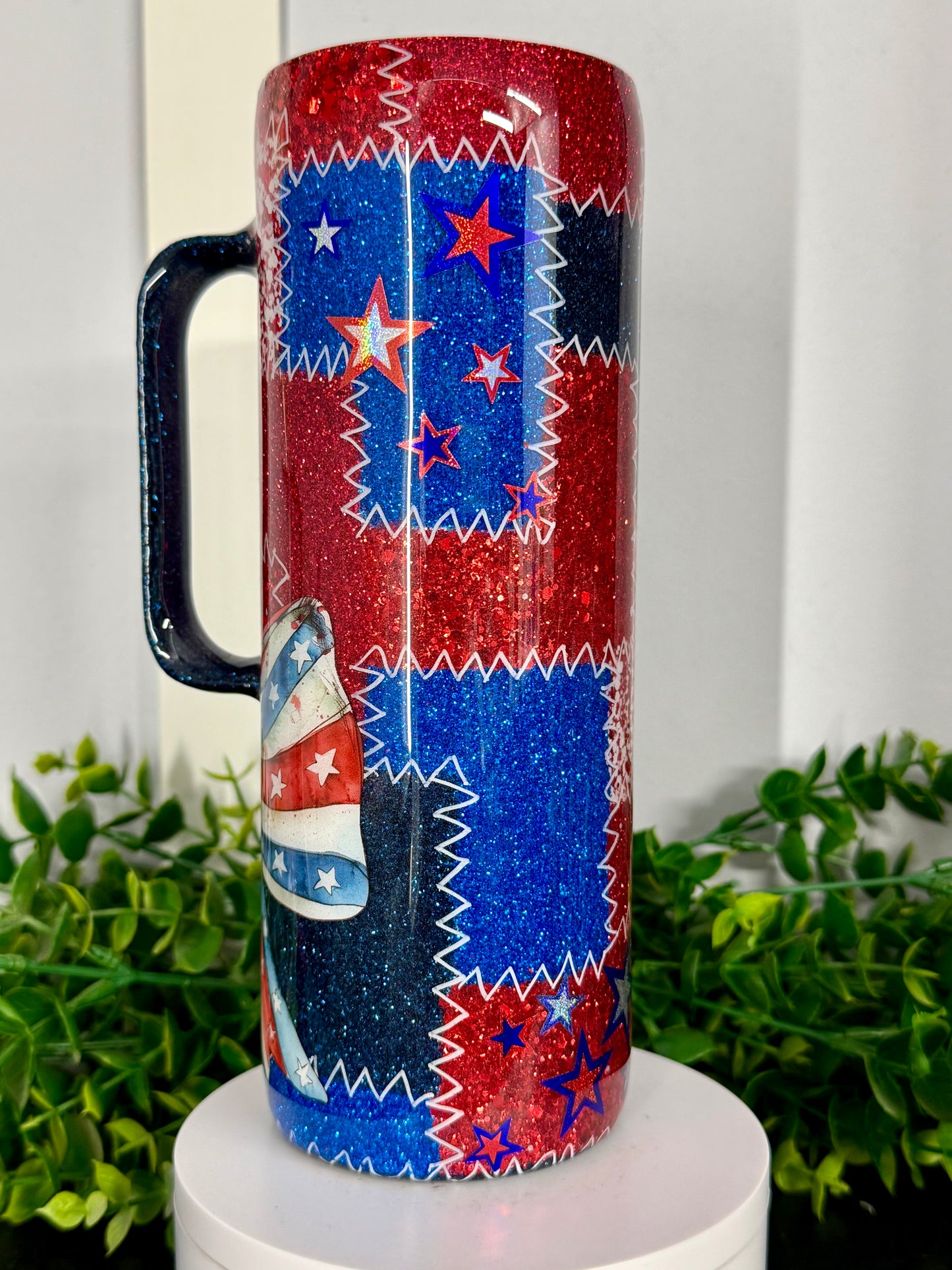 20oz Skinny w/ Handle Tumbler - Red/White/Blue Patchwork w/ bow & stars decal