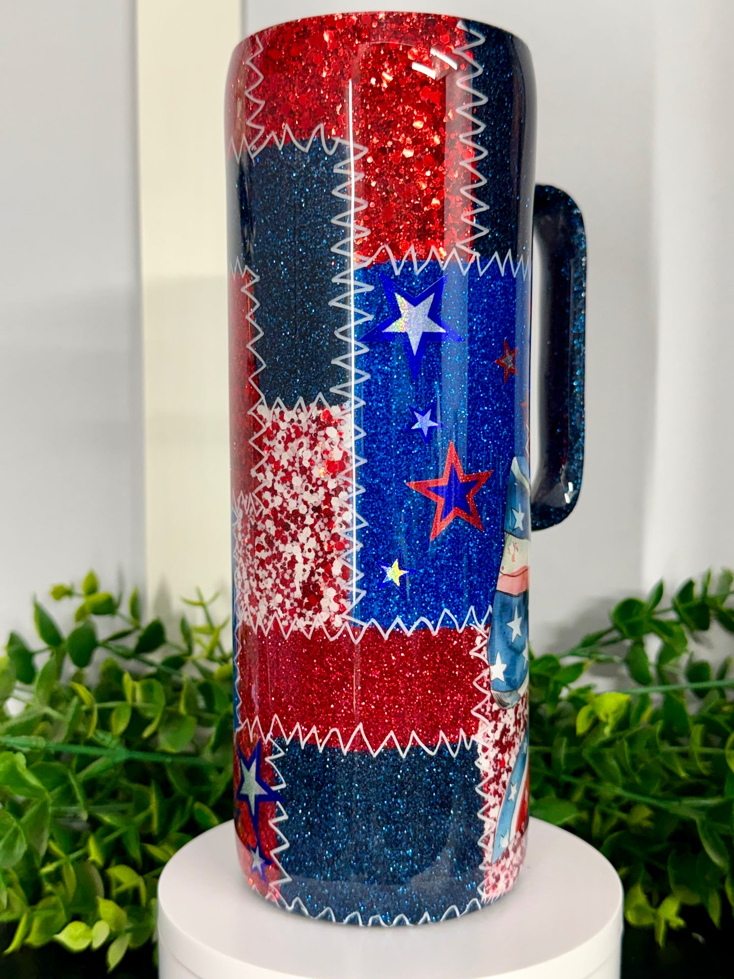 20oz Skinny w/ Handle Tumbler - Red/White/Blue Patchwork w/ bow & stars decal