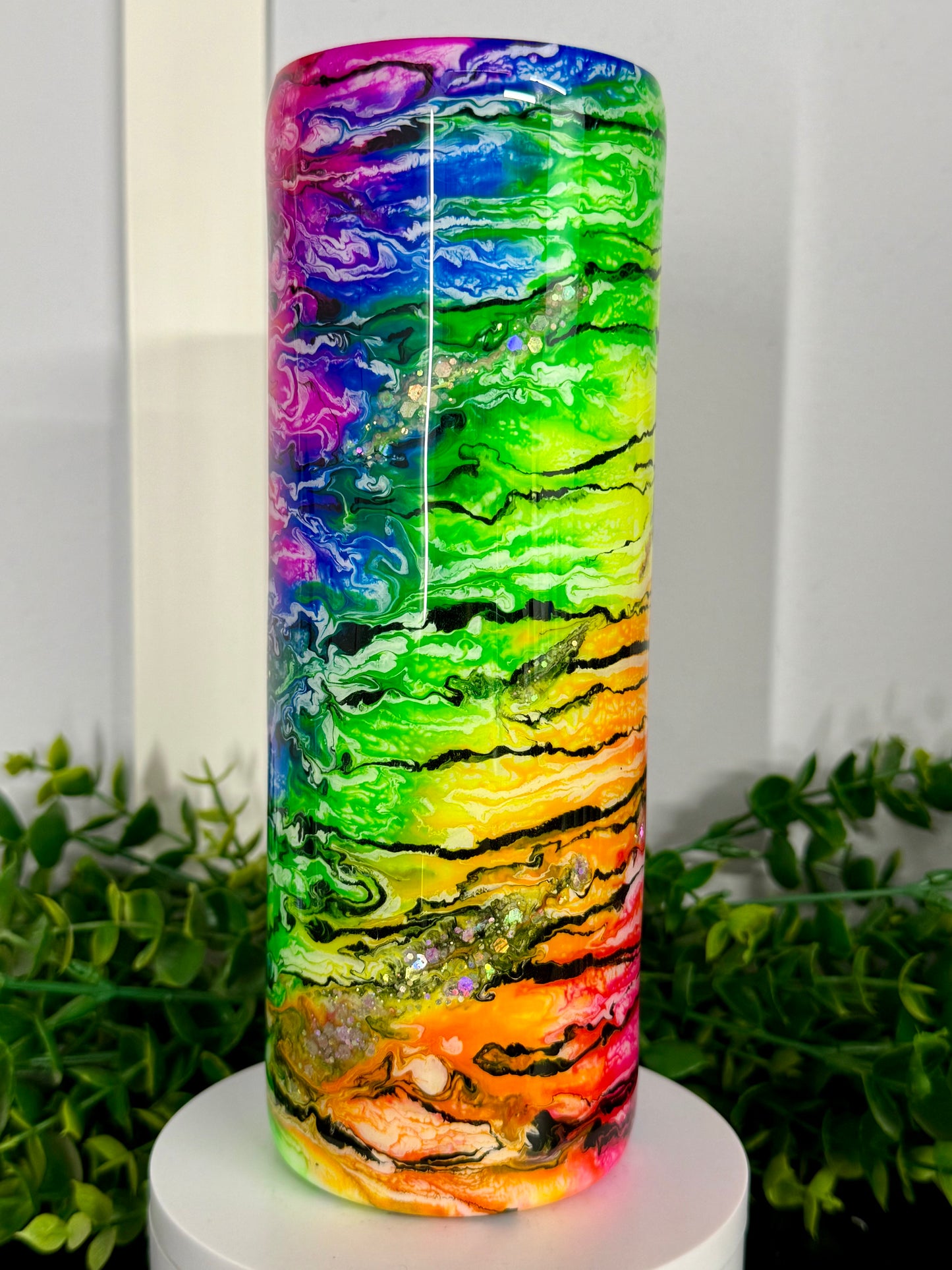 20oz Skinny Tumbler - Neon Ink Swirl with glitter & black