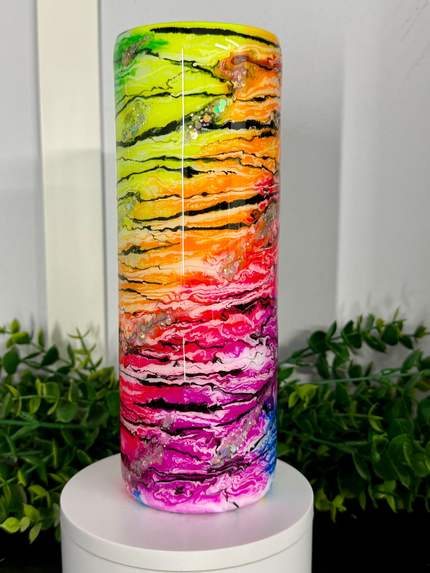 20oz Skinny Tumbler - Neon Ink Swirl with glitter & black