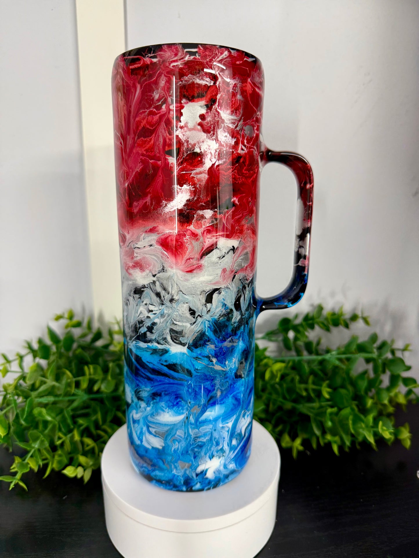 30oz Skinny w/ Handle Tumbler - Red/White/Silver/Blue Ink Swirl