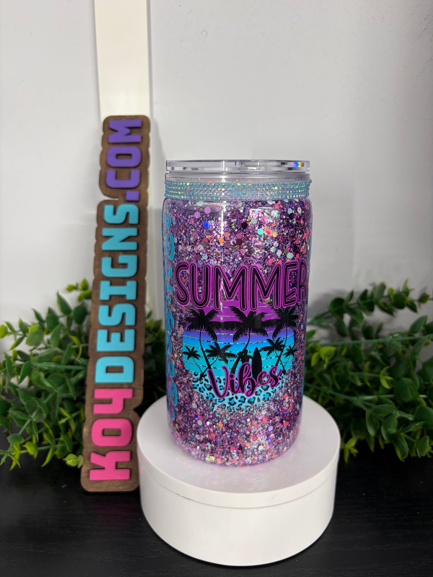 16oz Acrylic Snowglobe Cup - Summer Vibes  - purple/teal/pink
