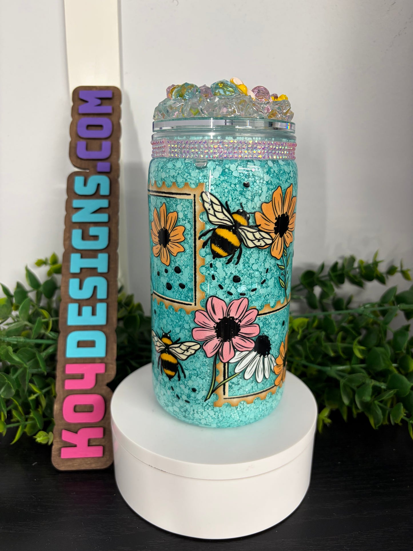 16oz Acrylic Snowglobe Cup - Bees & Flowers - teal/yellow/pink