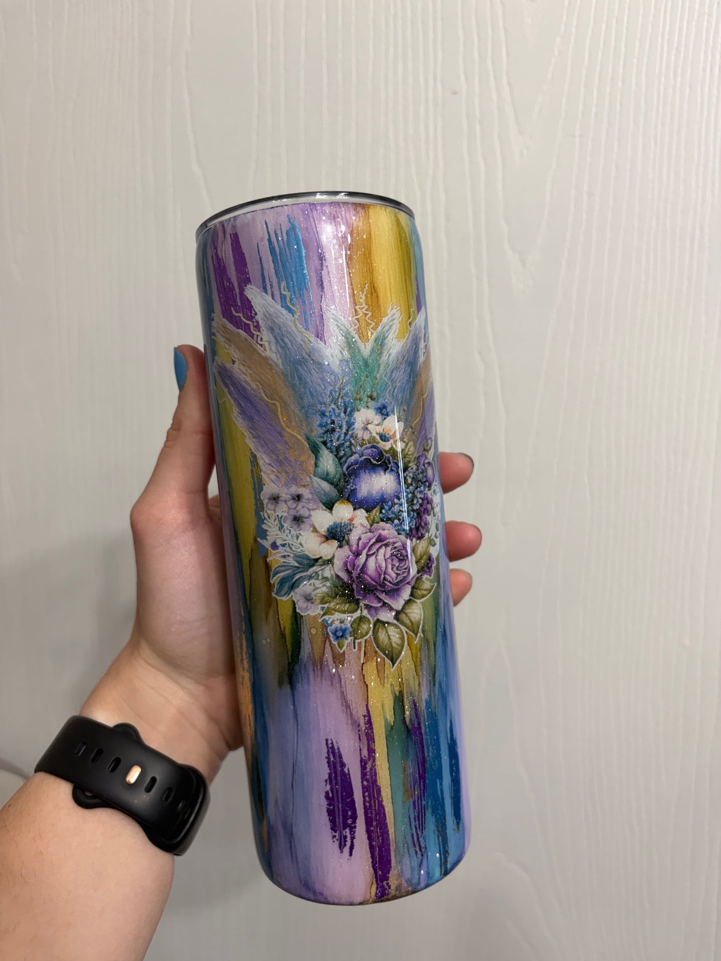 20oz Skinny - Woodgrain with flower decals