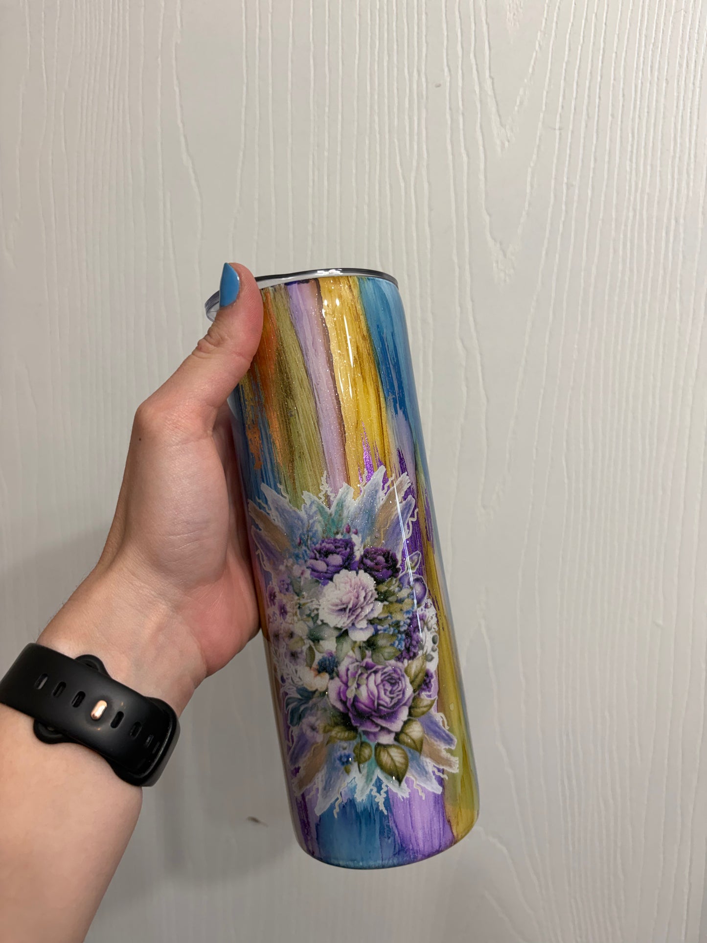 20oz Skinny - Woodgrain with flower decals