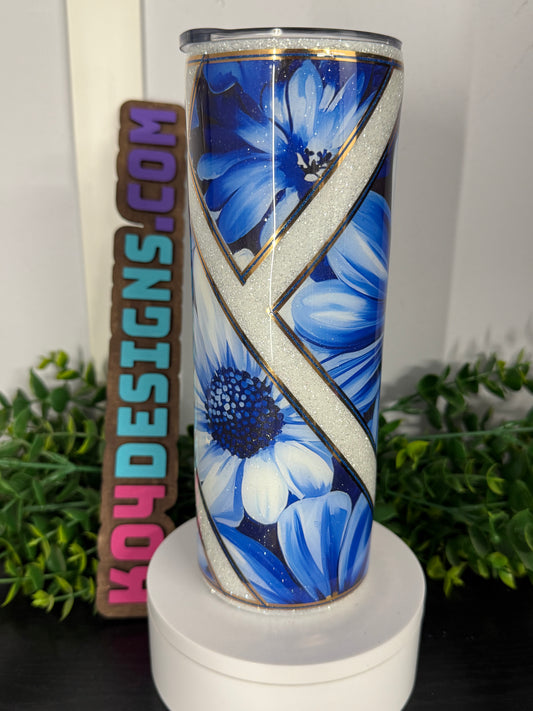 20oz Skinny - blue flower with white glitter & gold pin stripping