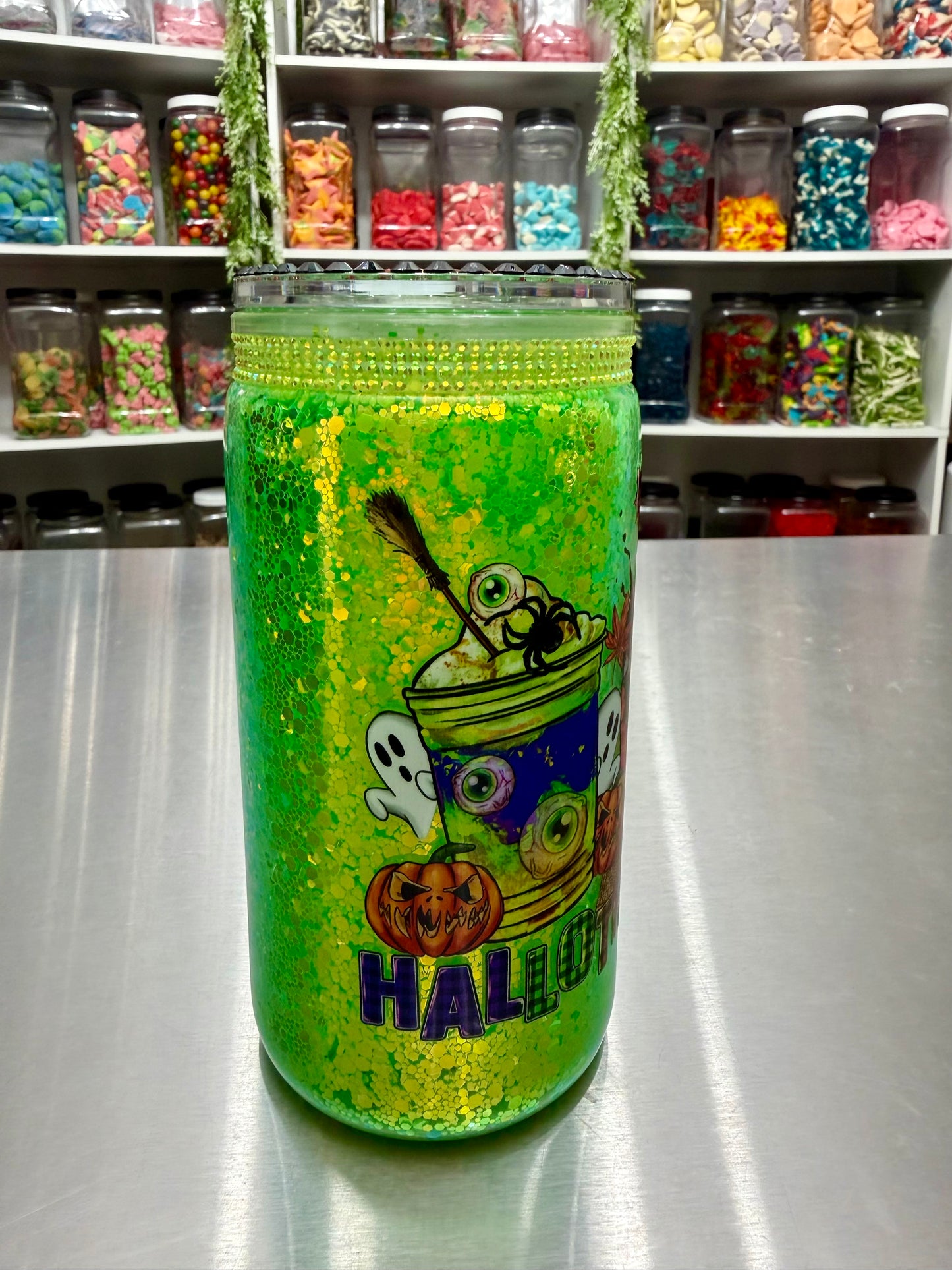 16oz Acrylic Snowglobe Cup w/ rhinestone lid - Hallothanksmas (Halloween/thanksgiving/christmas) - non moving