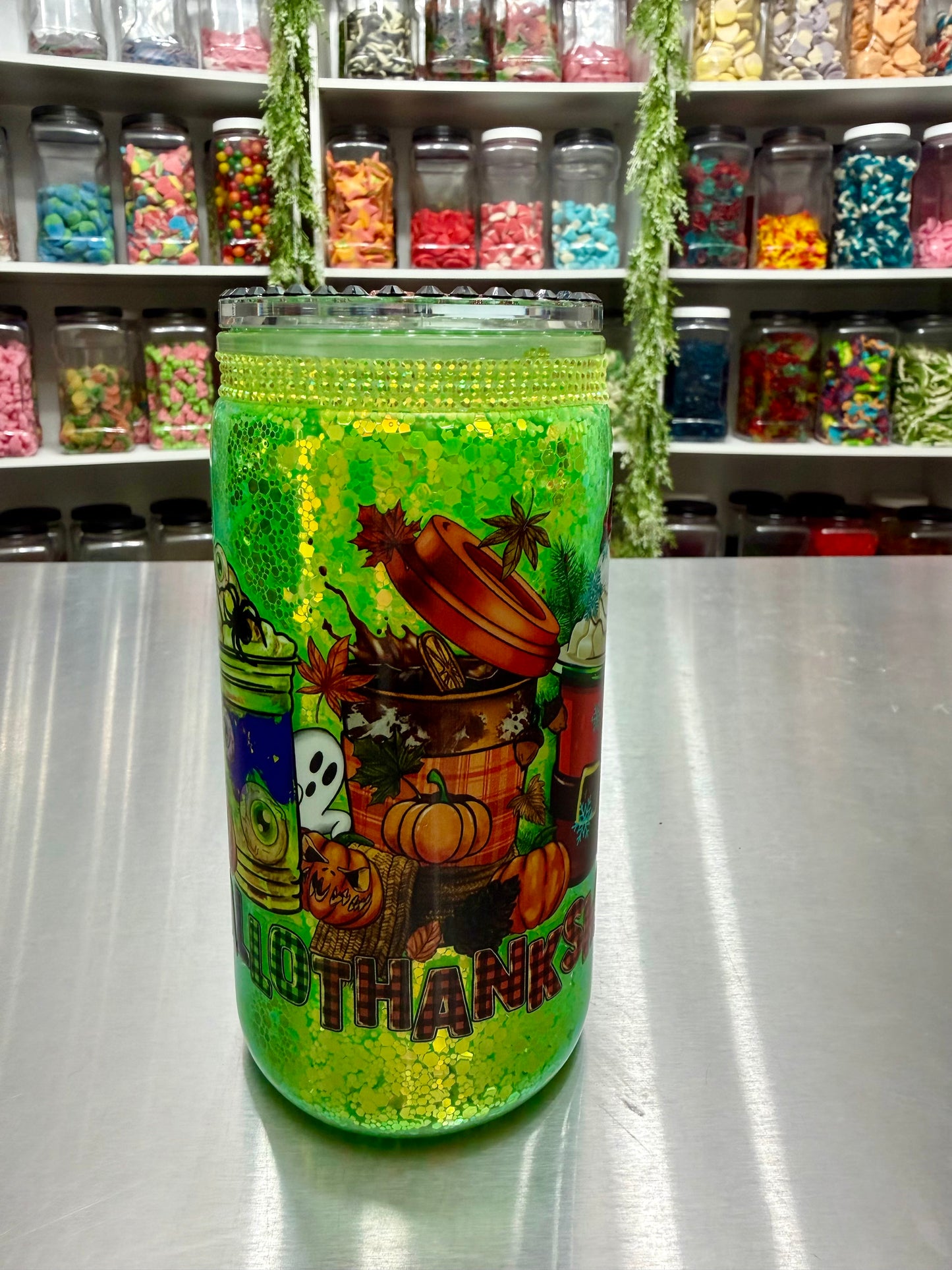 16oz Acrylic Snowglobe Cup w/ rhinestone lid - Hallothanksmas (Halloween/thanksgiving/christmas) - non moving