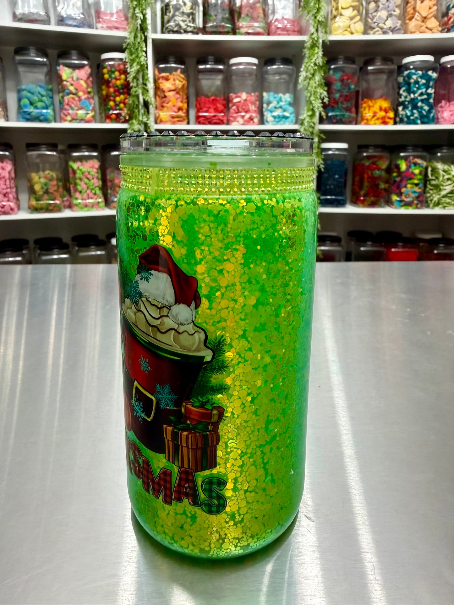 16oz Acrylic Snowglobe Cup w/ rhinestone lid - Hallothanksmas (Halloween/thanksgiving/christmas) - non moving