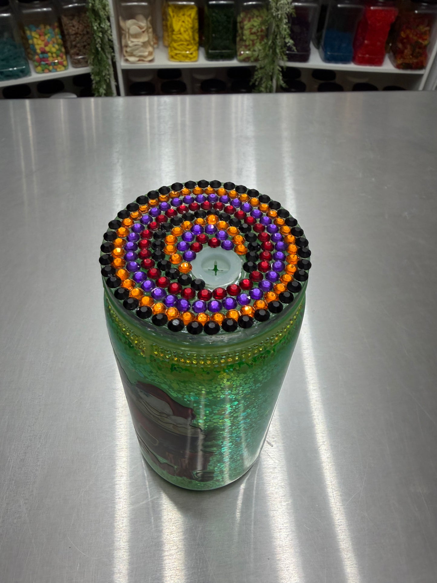 16oz Acrylic Snowglobe Cup w/ rhinestone lid - Hallothanksmas (Halloween/thanksgiving/christmas) - non moving